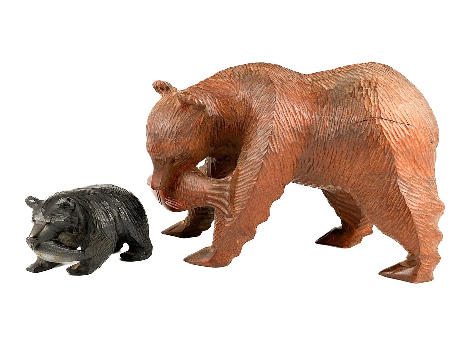 Lot of 2 Vintage Hand-Carved Wood Bears with Fish (1 of 3)