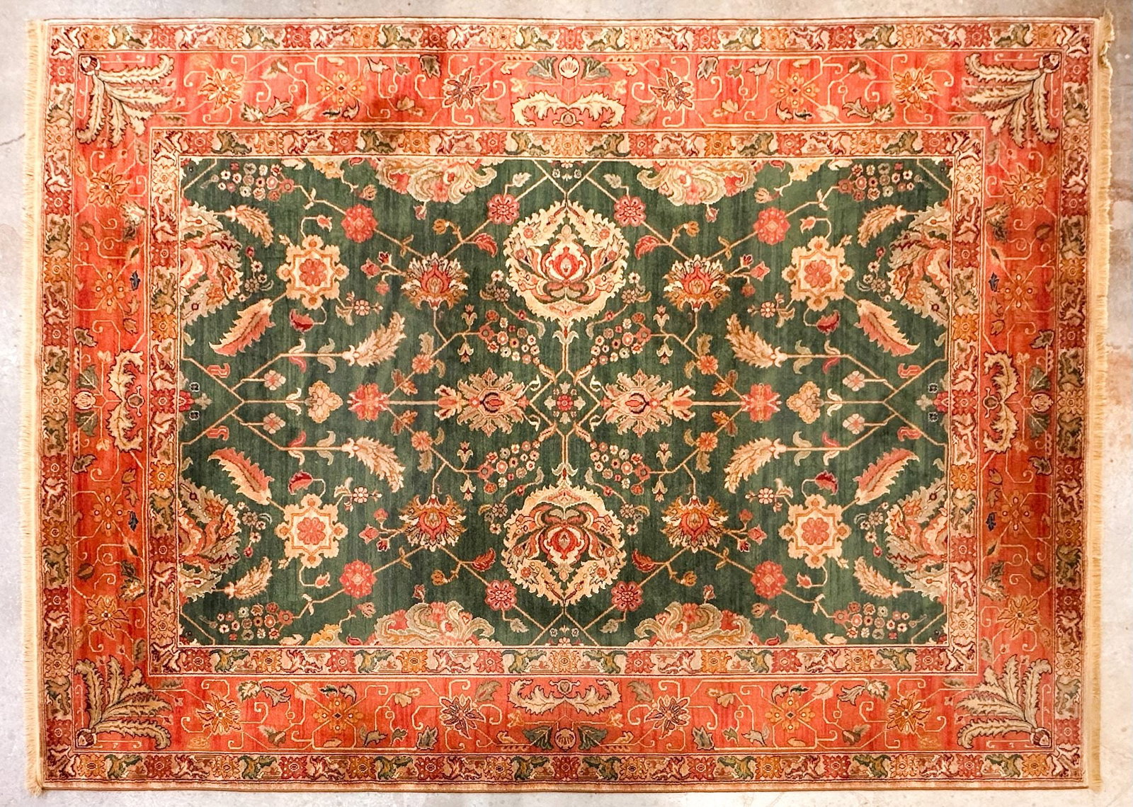 Samovar Teawash Karastan Wool Rug: Woven in the USA. Agra pattern in earthy shades of red and green. Rug is approximately 149.5 in H x 103.5 in W. Weighs approximately 73 lbs. LOCAL PICK UP INFORMATION: Wednesday, June 10, 10:00 AM - 2