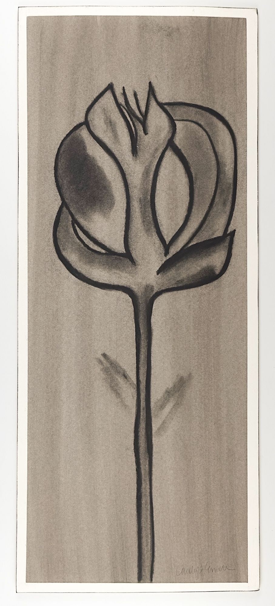 Carolyn Emole (b. 1964) Charcoal Art Print Flowers of Taupe III: Untitled (Charcoal Flower). Graphite signed in the lower right corner. Depicts a monochrome abstract flower. Approximately 24 in H x 10 in W. Weighs approximately 1 lbs. LOCAL PICK UP INFORMATION: Wed