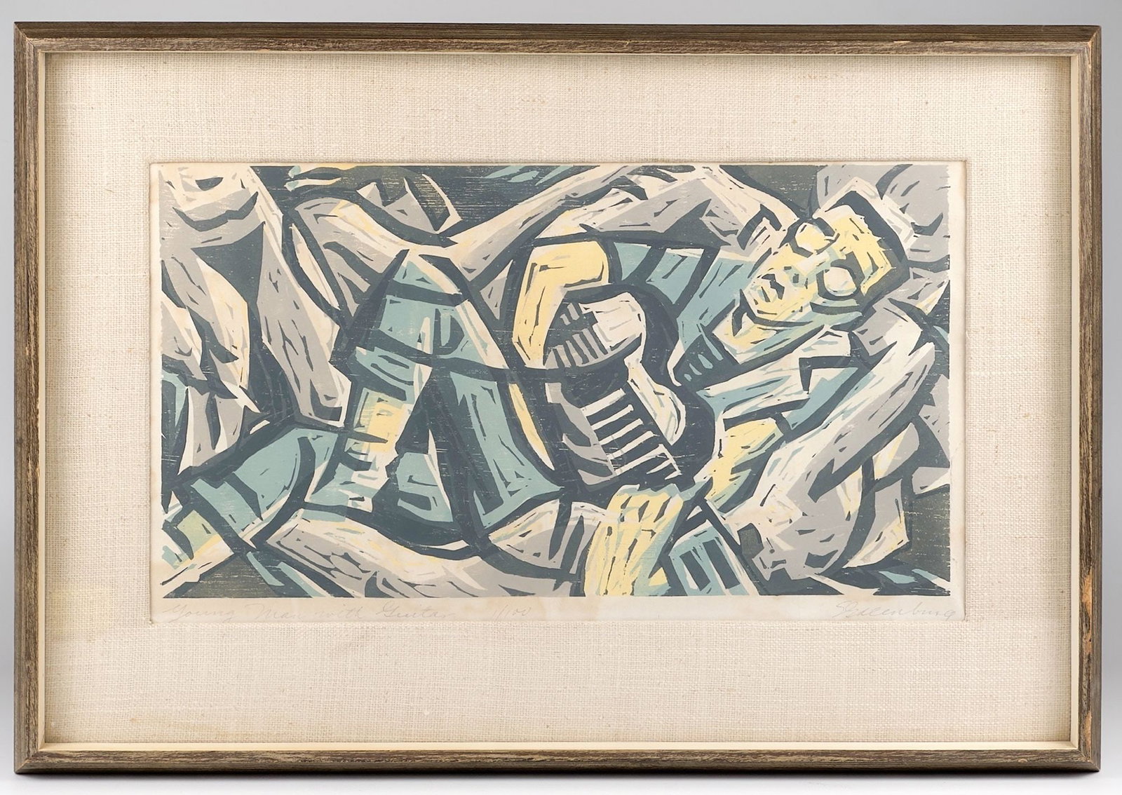 Samuel Greenburg (1905-1980) Woodblock, Young Man with Guitar 1/100: Titled Young Man with Guitar, edition 1/100. Signed in the lower right corner. Depicts a man playing guitar in cool earth tones. Framed. Visible image is approximately 11 in H x 19.75 in W. Frame
