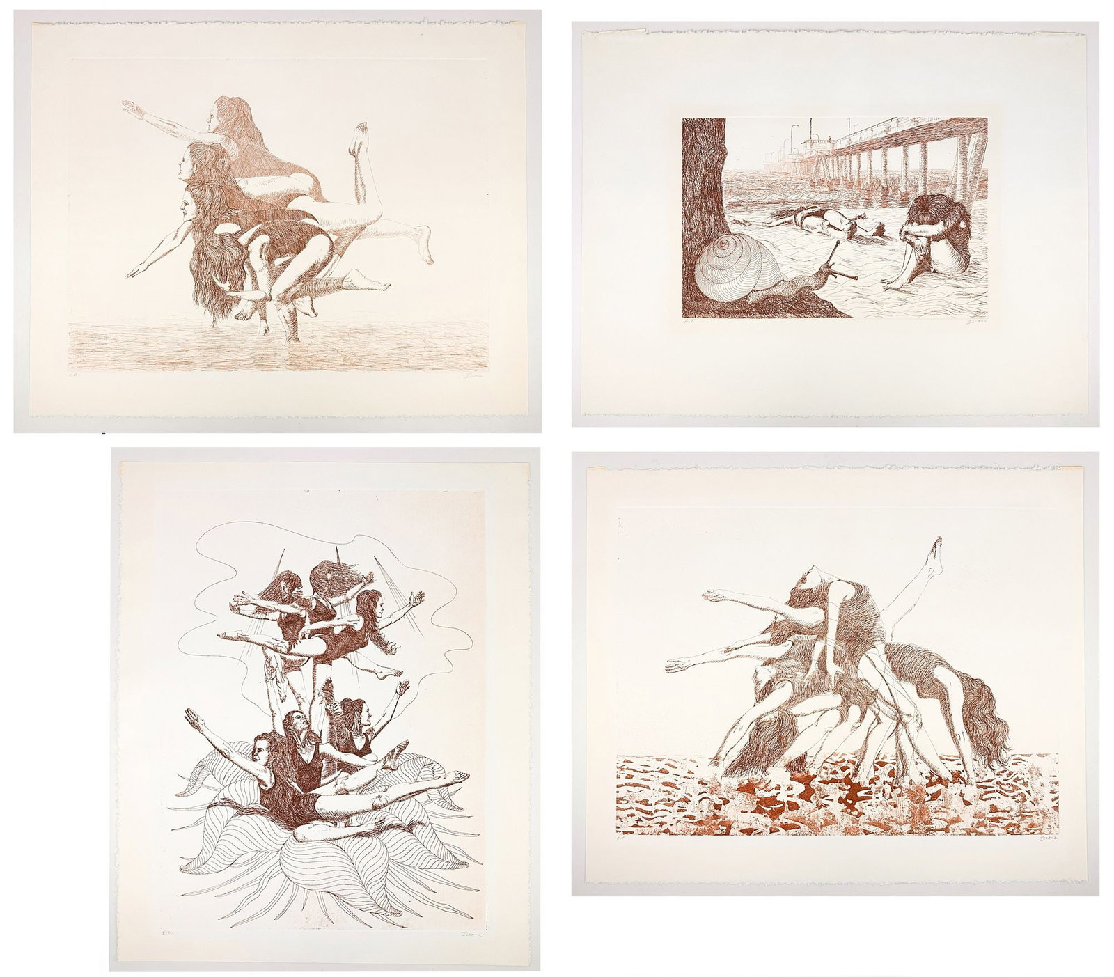 Ilouz, Lot Of Four Lithographs On Paper, Artist Proofs: All prints are artist's proofs. Signed near the lower right corner of the image. Dimensions: Each print is approximately 22.25 in H x 29.5 in W. Weighs approximately 1 lbs 10 oz. LOCAL PICK UP