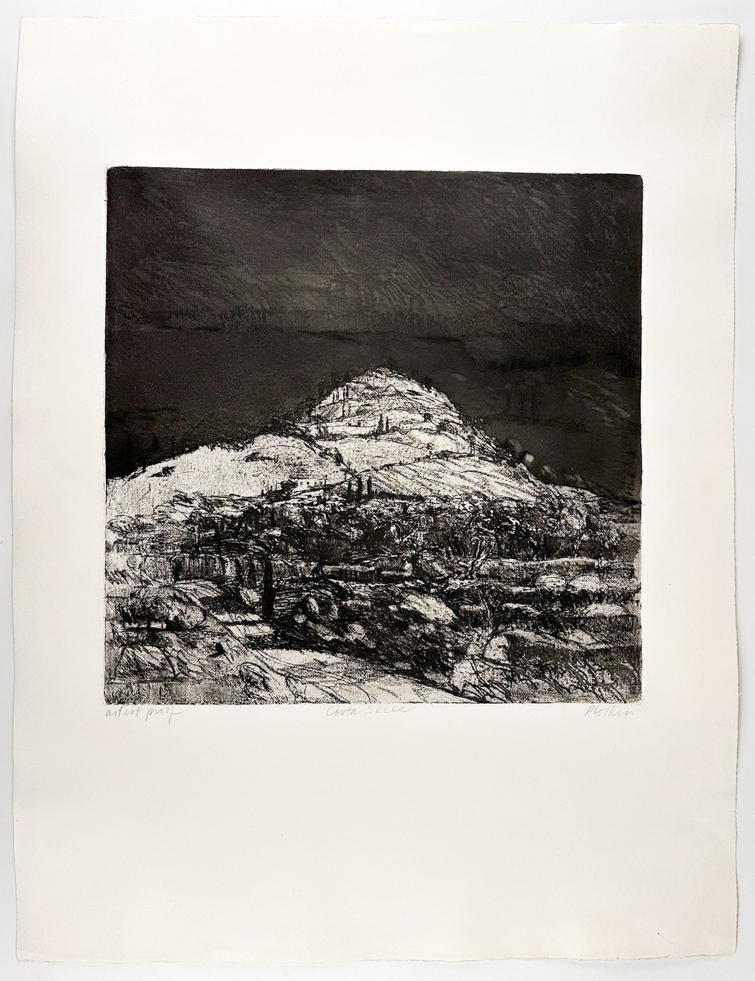 Linda Plotkin (b. 1938) Signed Artist Proof Etching Print, Costa Secca: Signed on lower right corner. Artist proof. Black pigment on white paper. Depicts mountain and houses. Includes label from previous frame. Dimensions: Artwork is approx. 25.5 in H x 19.5 in W. Weighs 