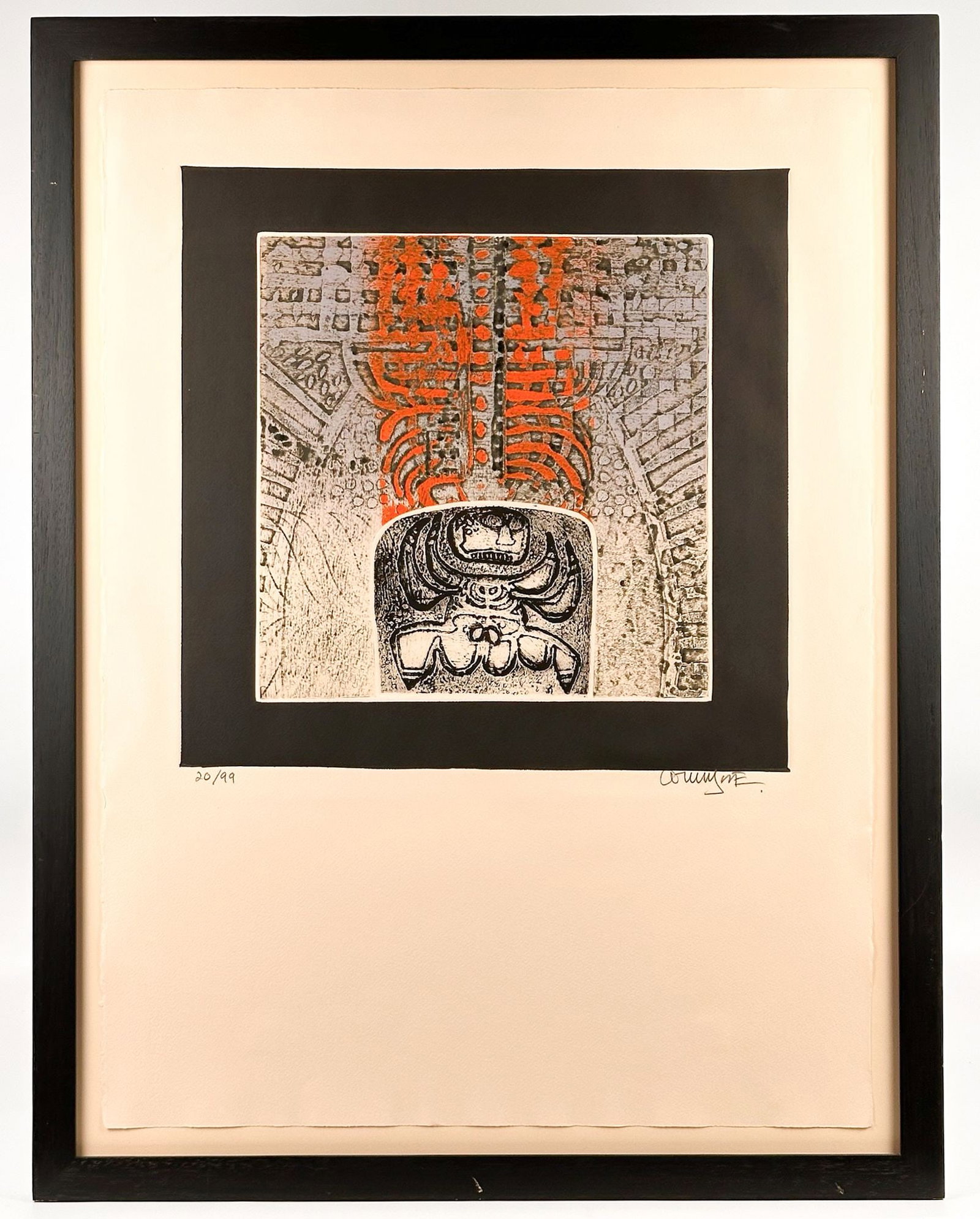 Arun Bose (1934-2007) Framed Etching with Aquatint, Sacred Horses, Ed. 20/99: Titled Sacred Horses, edition 20/99. Pencil signed on the bottom right. Depicts an expressive rendering with textured background. Visible image is approximately 29.75 in H x 22 in W. Frame is