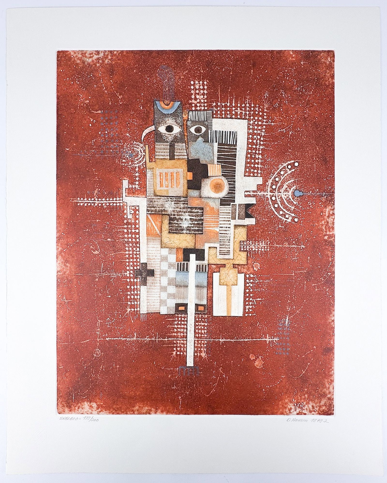 Diana Hansen (b. 1942) Signed Serigraph Print, Shalako, Ed. 119/200, 1979: Titled "Shalako," Ed. 119/200, 1979. Midcentury abstract with geometric shapes and eyes. Embossed artist mark on lower left corner. Title and edition number on lower left corner. Signed and 