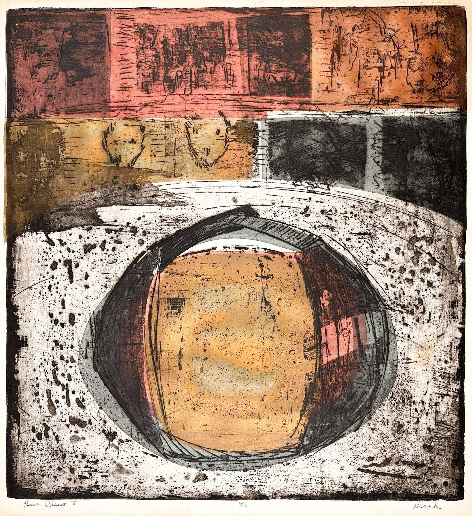 Heard, Signed Etching on Paper, Our Planet II, Ed 6/10: Titled Our Planet II, edition 6/10. Pencil signed in the lower right corner of the print. Depicts an abstract rendering in earth tones. Approximately 29.25 in H x 26.75 in W. Total weight is approxima