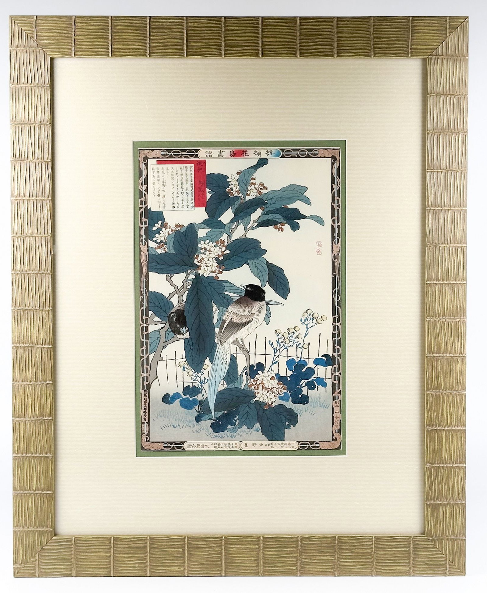 Kono Bairei (1844-1895) Framed Woodblock, Loquat and Japanese Paradise Flycatchers, 1883: Titled Loquat and Japanese Paradise Flycatchers. Seal is near the center right edge. From the artist’s series Book of Birds and Flowers (Bairei Kacho Gafu). Depicts two birds in a loquat tree. F
