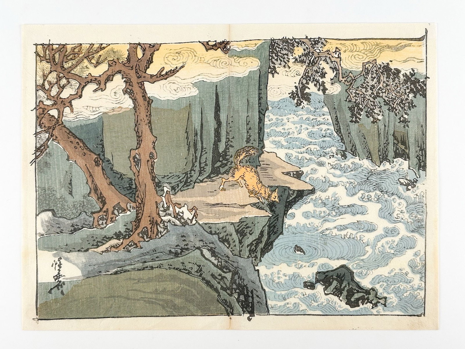 Kawanabe Kyosai (1831-1889) Woodblock Print, Fox and Carp (1 of 3)