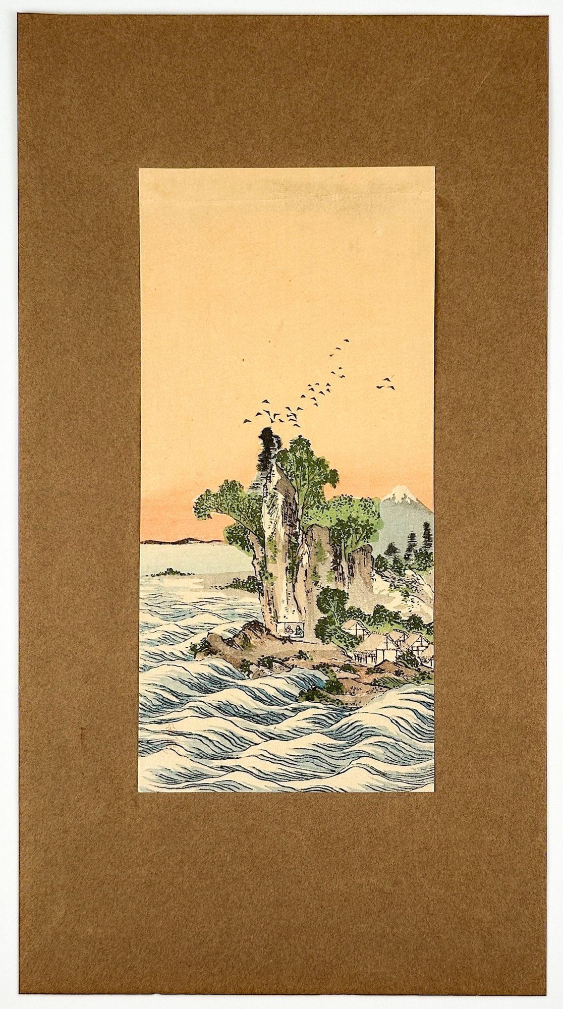 Tani Buncho (1763-1841) Woodblock Print, View of Shichirigahama: Titled View of Shichirigahama. Artist’s seal in the bottom left corner. From the series Illustrations of Famous Mountains. Depicts a sea coast village with a large rocky outcrop and Mt. Fuji in 