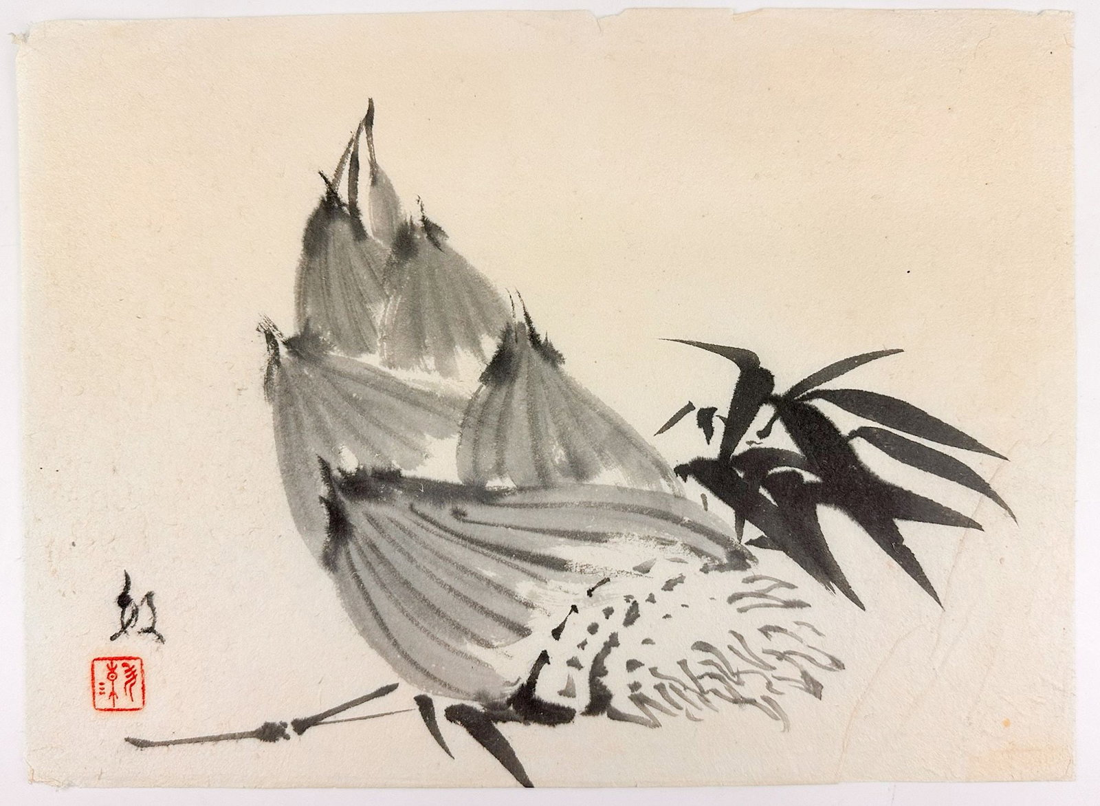 Nihonga Watercolor Painting Of Bamboo Shoot On Washi Paper: Untitled. Red seal and signature in lower left corner. Vintage ink and watercolor painting, known as nihonga. Depicts a bamboo shoot. Dimensions: Approximately 9.75 in H x 13 in W. LOCAL PICK UP INFOR