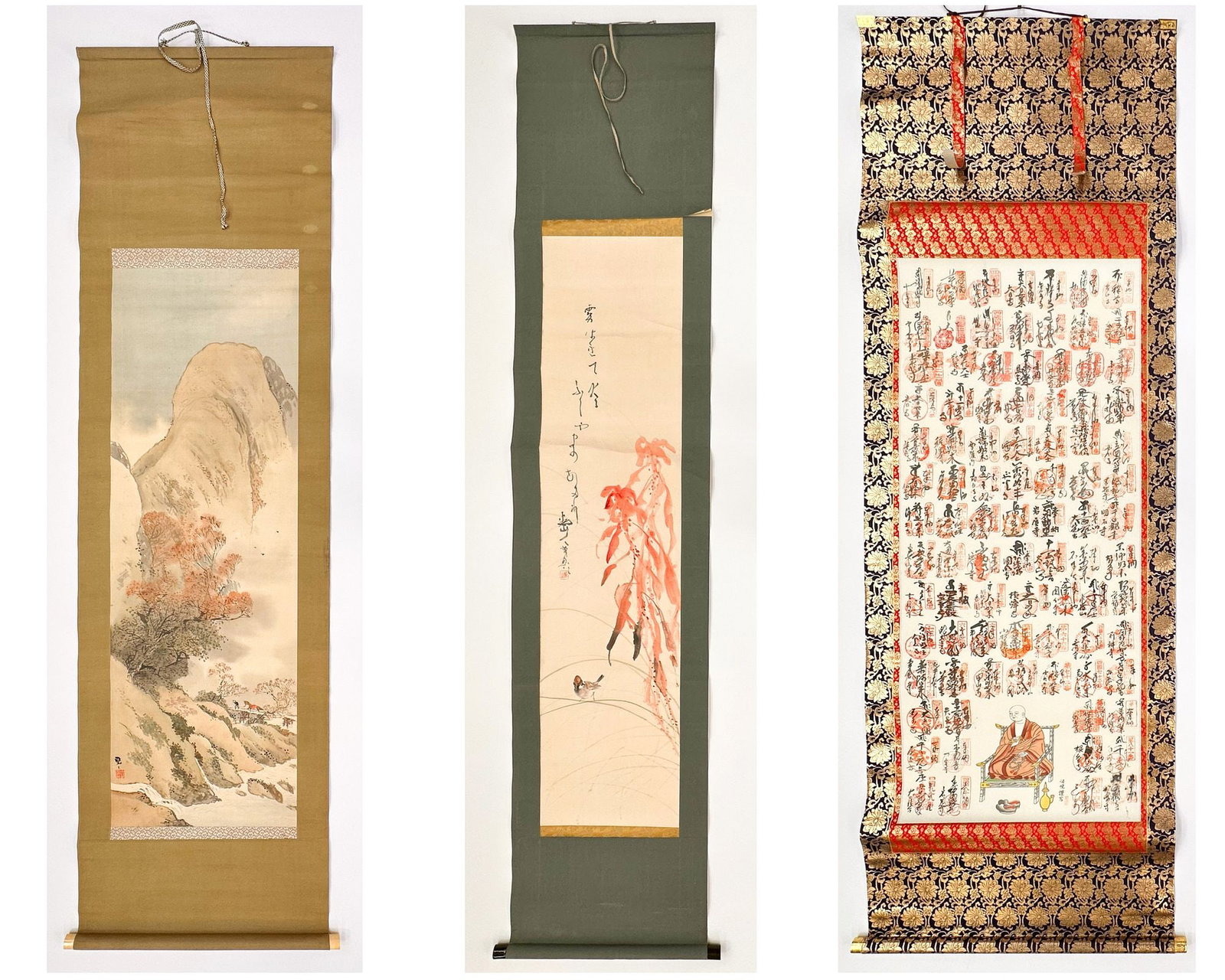 Lot Of Three Asian Scrolls: Landscape, Flowering Branch, And Buddhist Temple Pilgrimage (1 of 9)