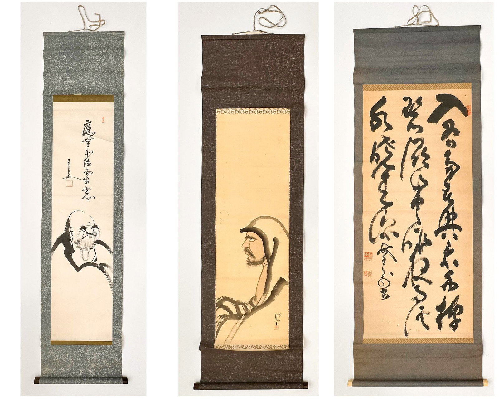 Lot Of Three Japanese Zen Scrolls: Daruma And Calligraphy, 20th Century (1 of 9)