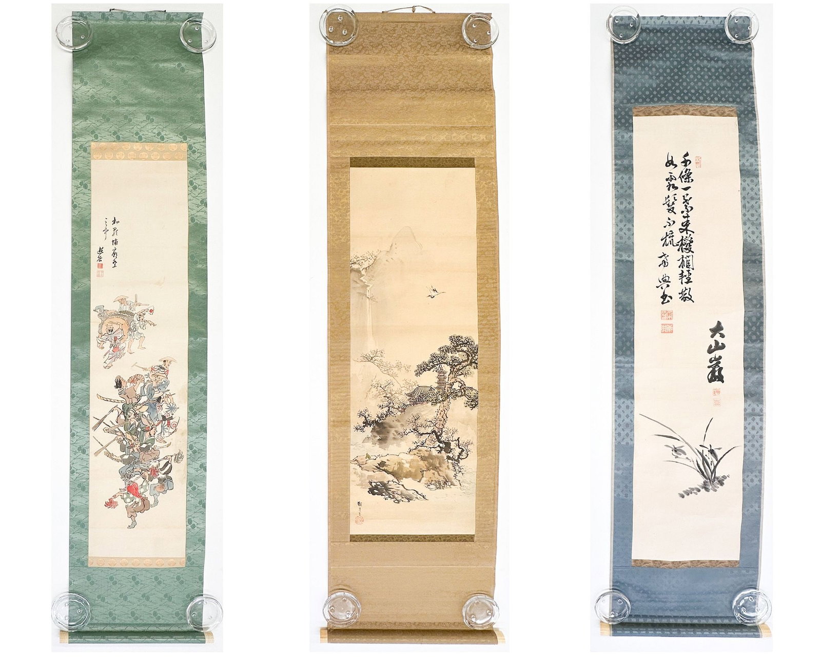 Lot of 3 Asian Scrolls: Battle Scene, Calligraphy & Waterfall and Trees (1 of 13)