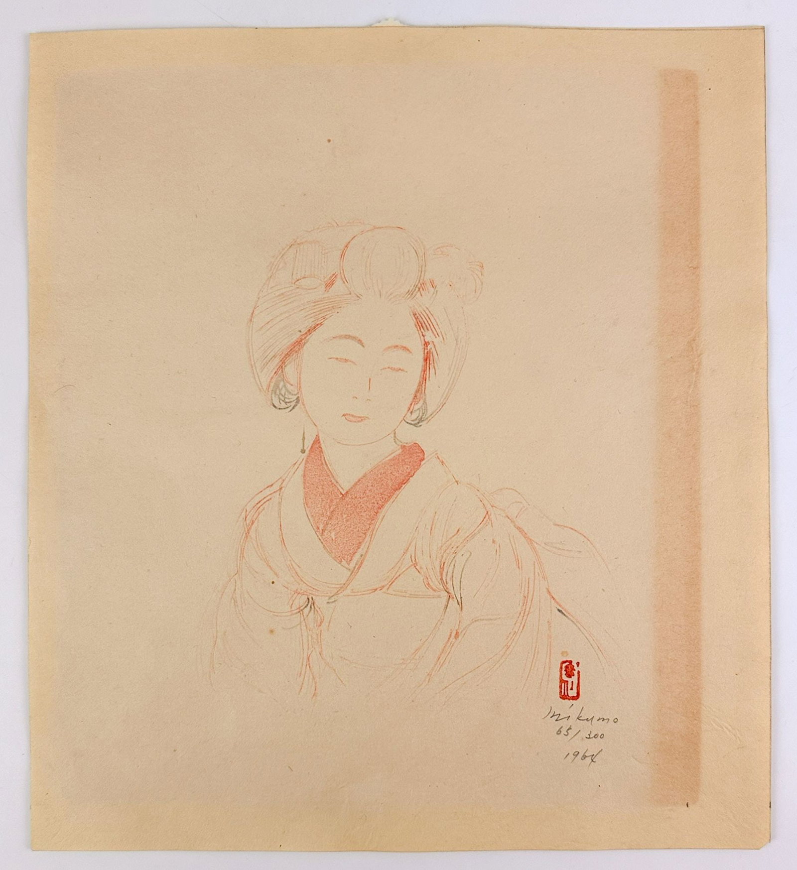 Mikumo Mokuhansha, Woodblock On Washi Paper, Portrait Of A Woman, 1964: Untitled, edition 65/300. Signed by publisher, Mikumo Mokuhansha, in graphite in the lower right corner with red seal. Dimensions: Approximately 12 in H x 10.75 in W. Weighs approximately 1 lbs. LOCAL