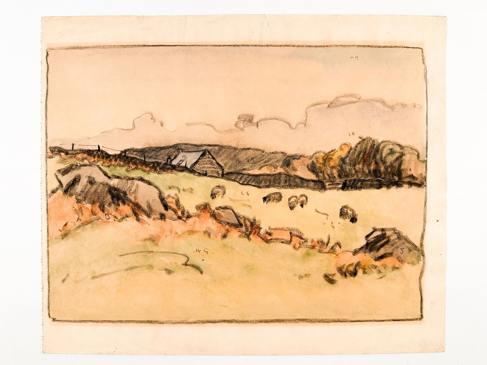 Ernest Archibald Taylor (1874-1952) Mixed Media on Paper, Landscape with Animals and Building (1 of 2)