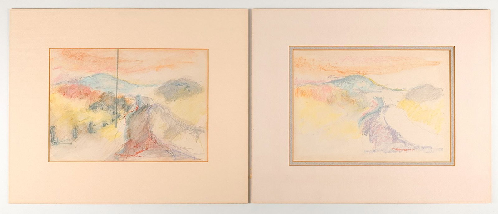 Lot of 2 Signed Oil and Pencil on Paper, Abstract Landscape Study: Signed along the lower center of each. Depicts colorful abstract landscapes with mountains. Mats are approximately 12 in H x 14.5 in W. Visible artwork is approximately 6.75 in H x 9.5 in W. Weighs ap