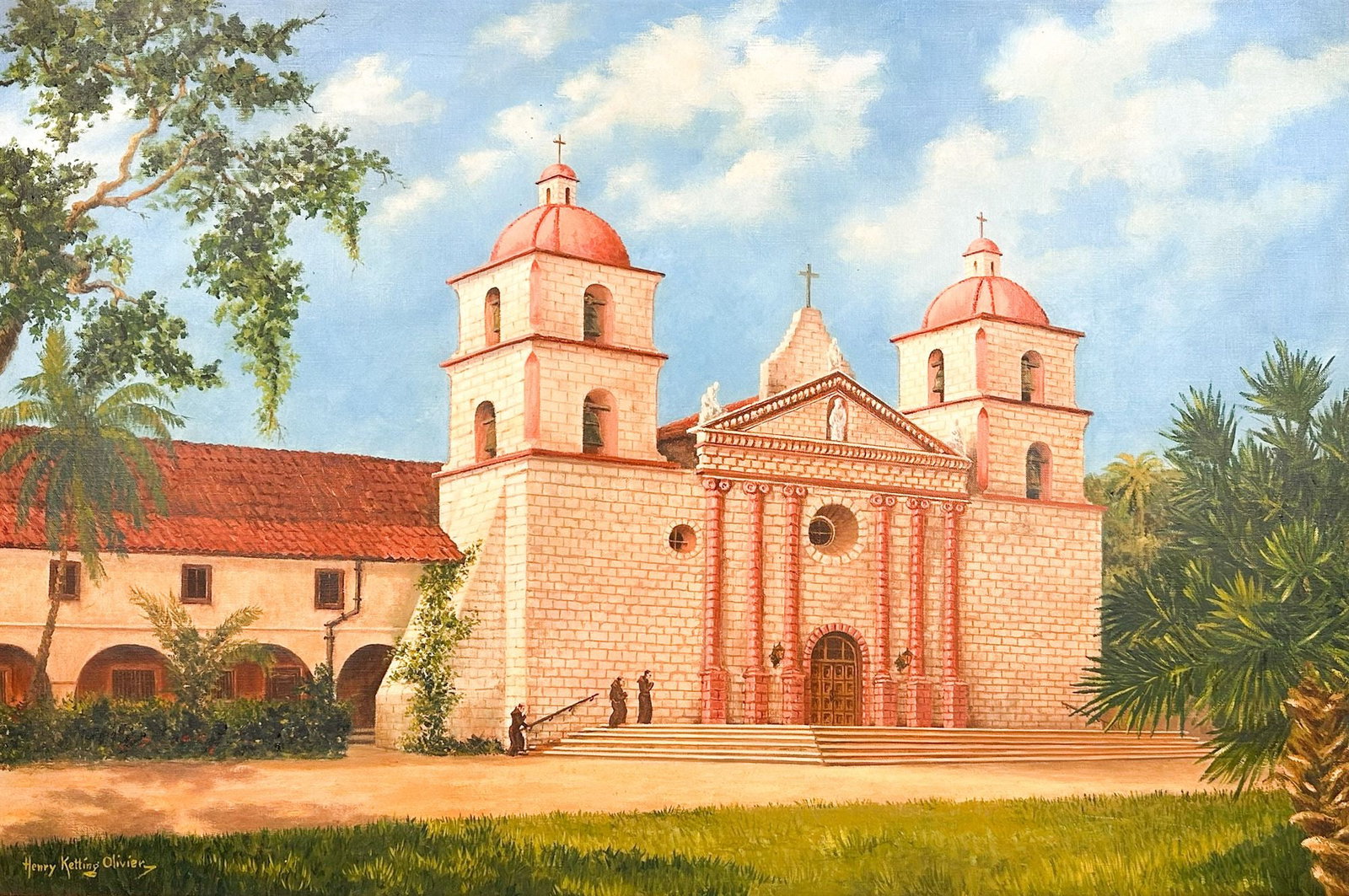 Henry Ketting Olivier (1924-2004) Oil on Canvas, Santa Barbara Mission: Untitled. Signed in the lower left corner. Framed. Depicts the Santa Barbara Mission. Visible artwork is approximately 23.5 in H x 35.5 in W. Frame is approximately 31.5 in H x 43.5 in W. Weighs appro