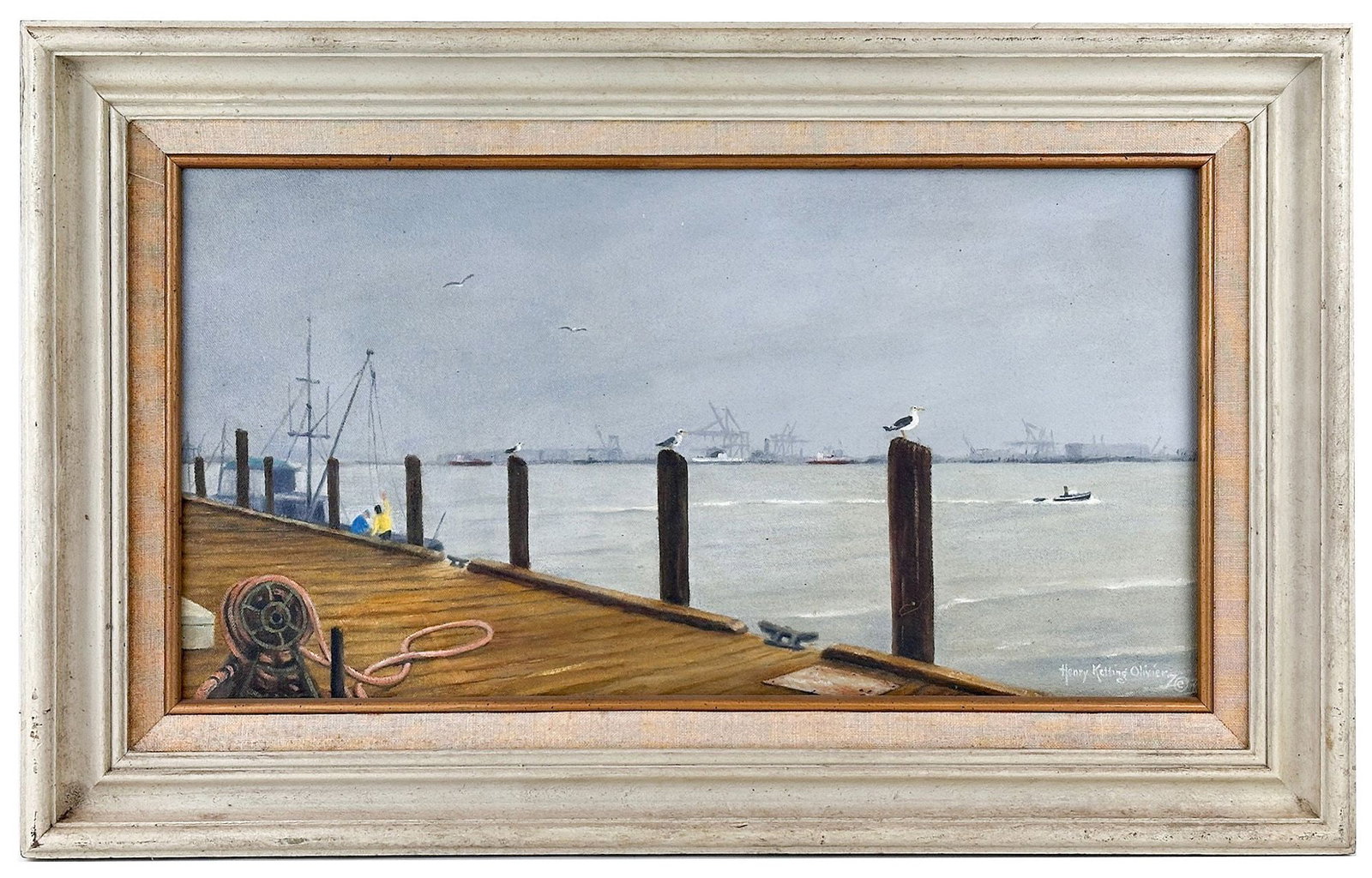 Henry Ketting Olivier (1924-2004) Oil On Canvas, Harbor Sentinels, 1986: Titled "Harbor Sentinels," 1986. Coastal harbor scene in California. Signed in the lower right and on the back side. Framed. Dimensions: Visible approx. 11.25 in H x 21.25 in W. Frame is app