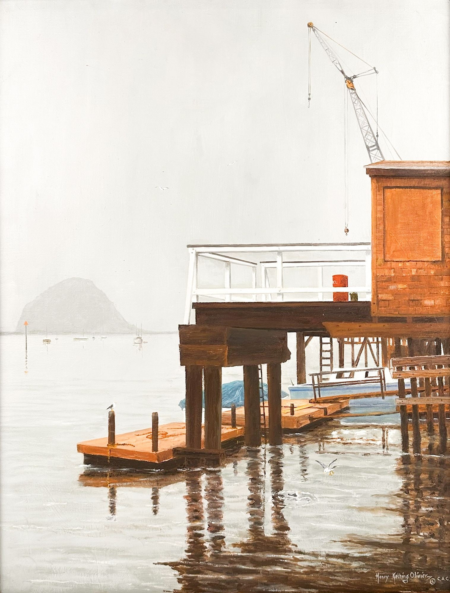 Henry Ketting Olivier (1924-2004) Oil on Canvas, Morro Bay Fog, California Central Coast: Titled Morro Bay Fog. Signed in the lower right corner. Framed. Depicts a dock with the Morro Bay rock in the background. Visible artwork is approximately 26.5 in H x 20.5 in W. Frame is approximately