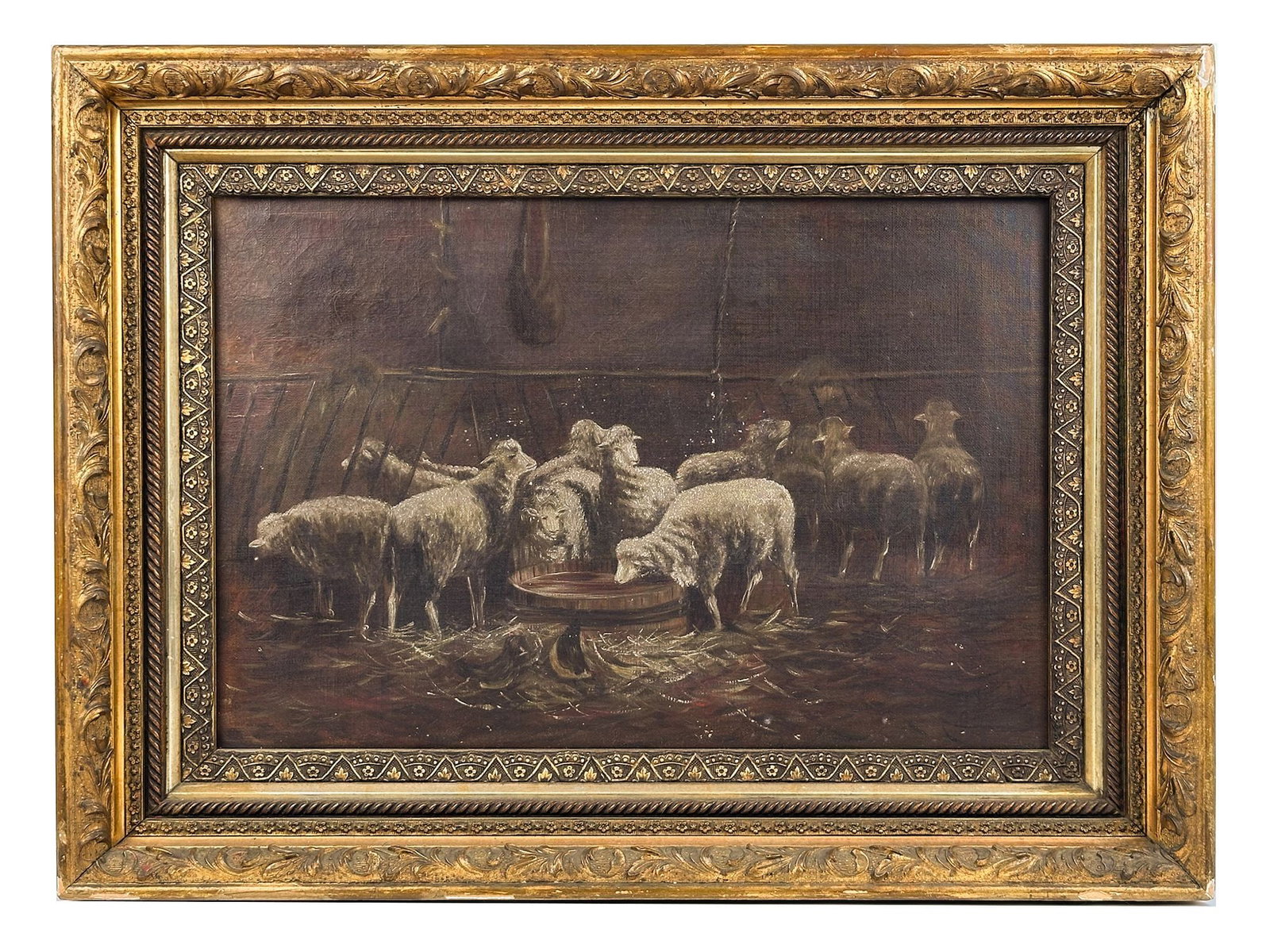 J. Briggs 19th Century Oil on Canvas Painting of Sheep in a Barn (1 of 3)