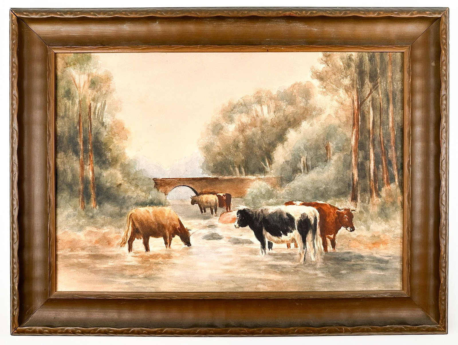 Unknown Artist, Watercolor on Board, Landscape with Cows: Depicts a scene near a river with several cows and a bridge. Vintage frame. Visible image is approximately 11 in H x 16 in W. Frame is approximately 15 in H x 20 in W. Weighs approximately 1 lbs 13 oz