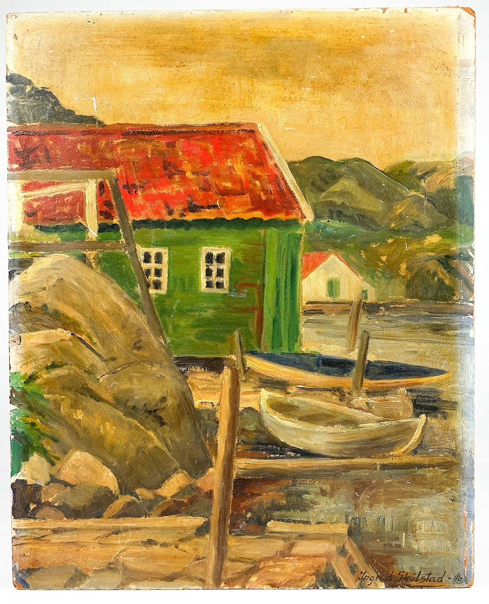 Ingrid Skulstad Oil on Masonite Painting of Blindleia Gamle Hellesund, Norway, 1946 (1 of 4)