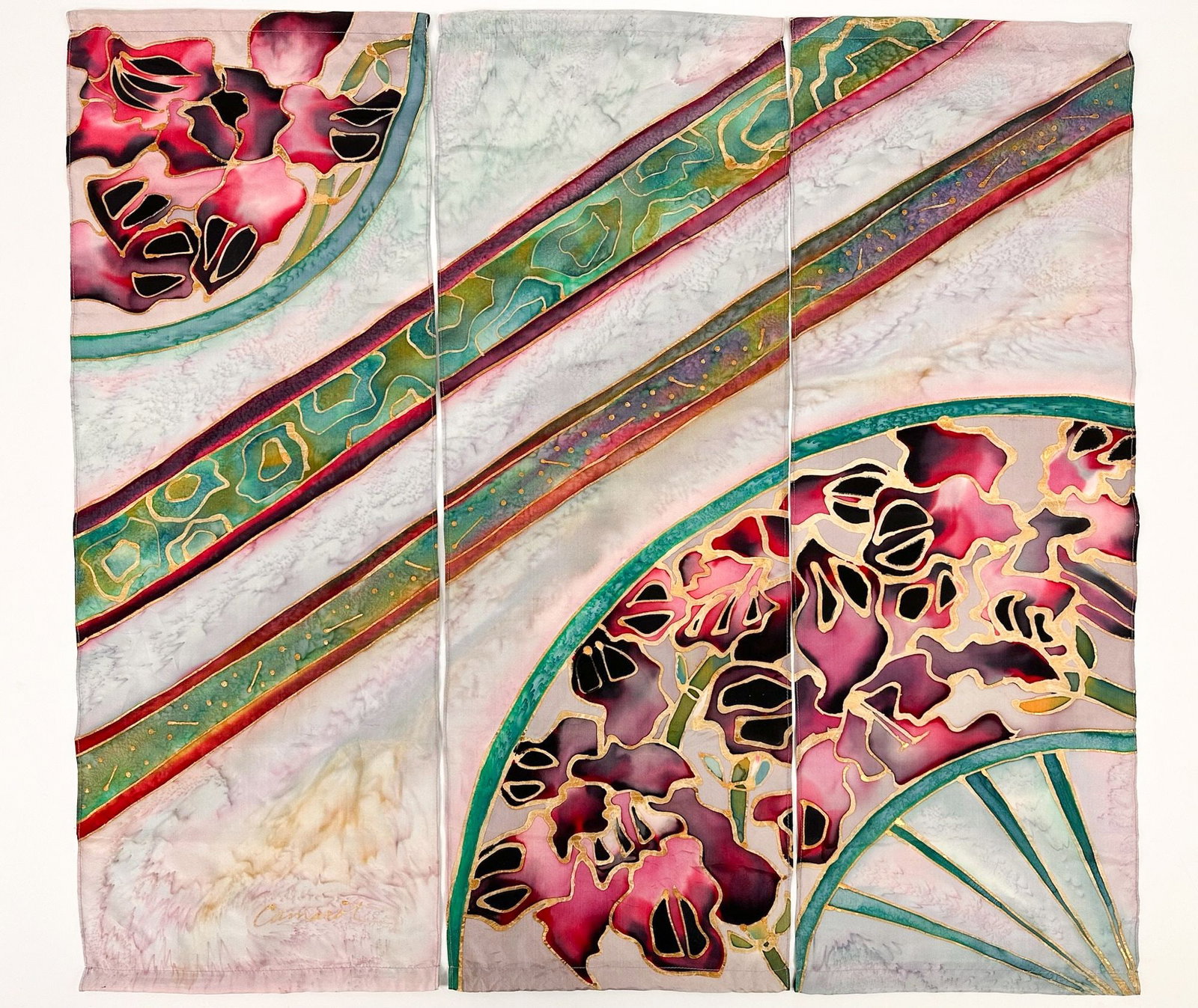 Signed Camarot, Painted Silk, Floral Fans Triptych (1 of 6)