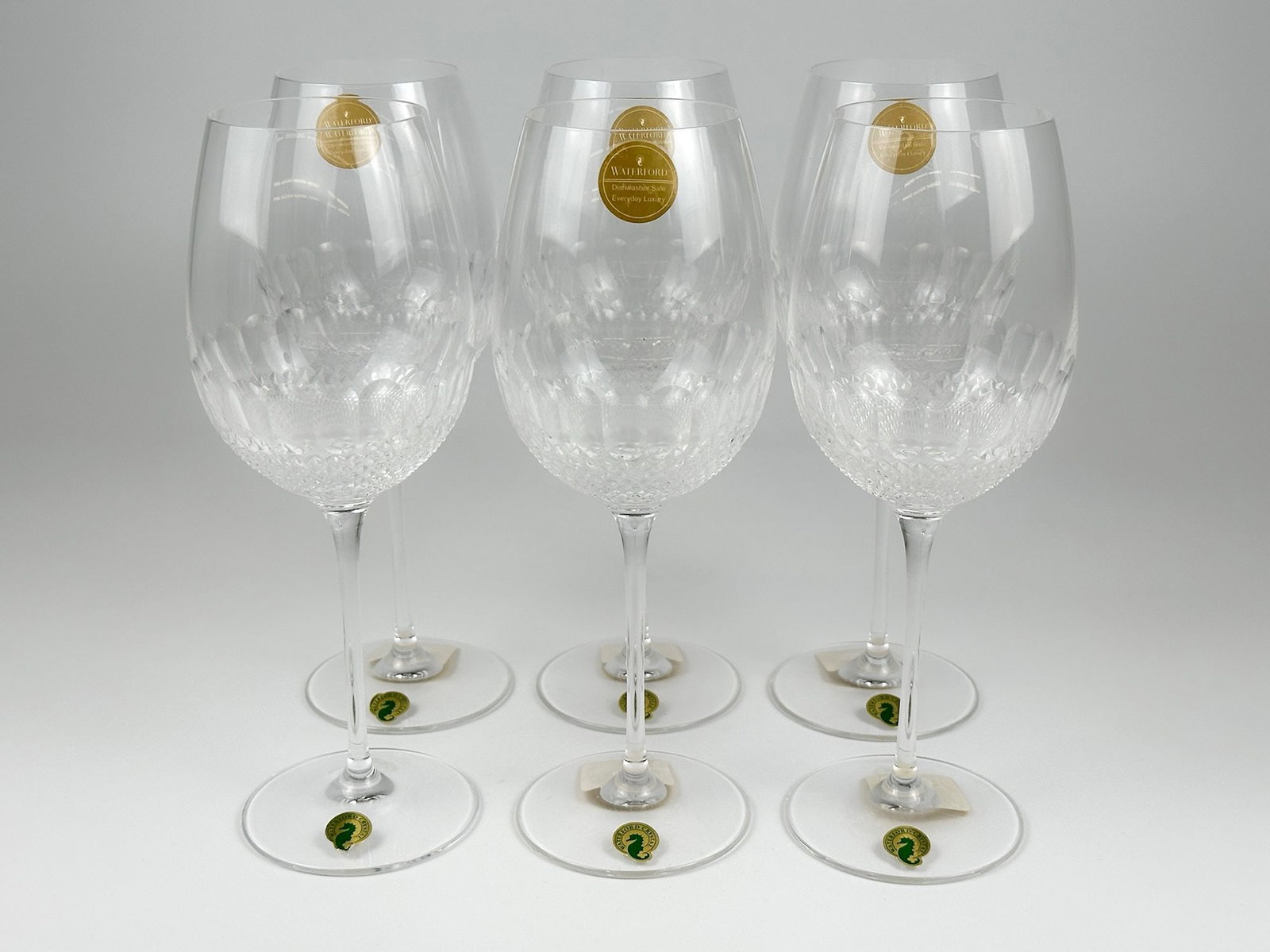Set of 6 Waterford Crystal Colleen Essence Red Wine Glasses: From the Colleen Essence Collection. Each glass is approximately 10.5 in H x 3.5 in W x 3.5 in D. Total weight is approximately 4 lbs 4 oz. LOCAL PICK UP INFORMATION: Wednesday, June 10, 10:00 AM - 2: