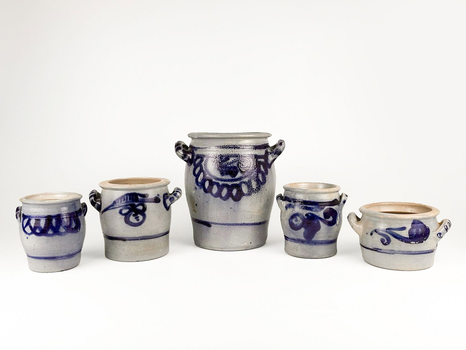 Lot of 5 Vintage Westerwald Salt-Glazed Stoneware Crocks w/ Cobalt Blue Decoration (1 of 2)