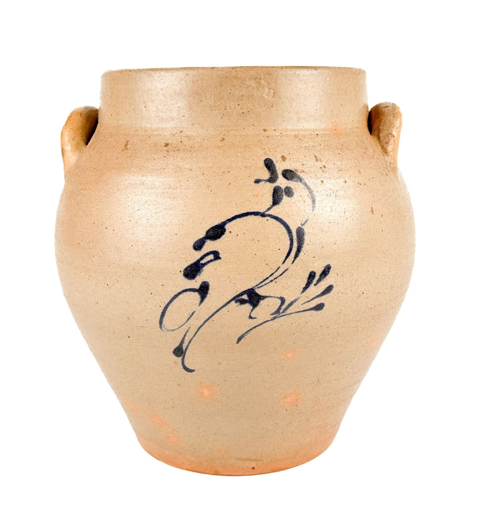 Antique American Stoneware Jug with Cobalt Bird Decoration: Ceramic vessel has a cobalt blue painted bird on the front with applied handles. Approximately 9.75 in H x 8.5 in W x 8.5 in D. Weighs approximately 4 lbs 13 oz. LOCAL PICK UP INFORMATION: Wednesday, 