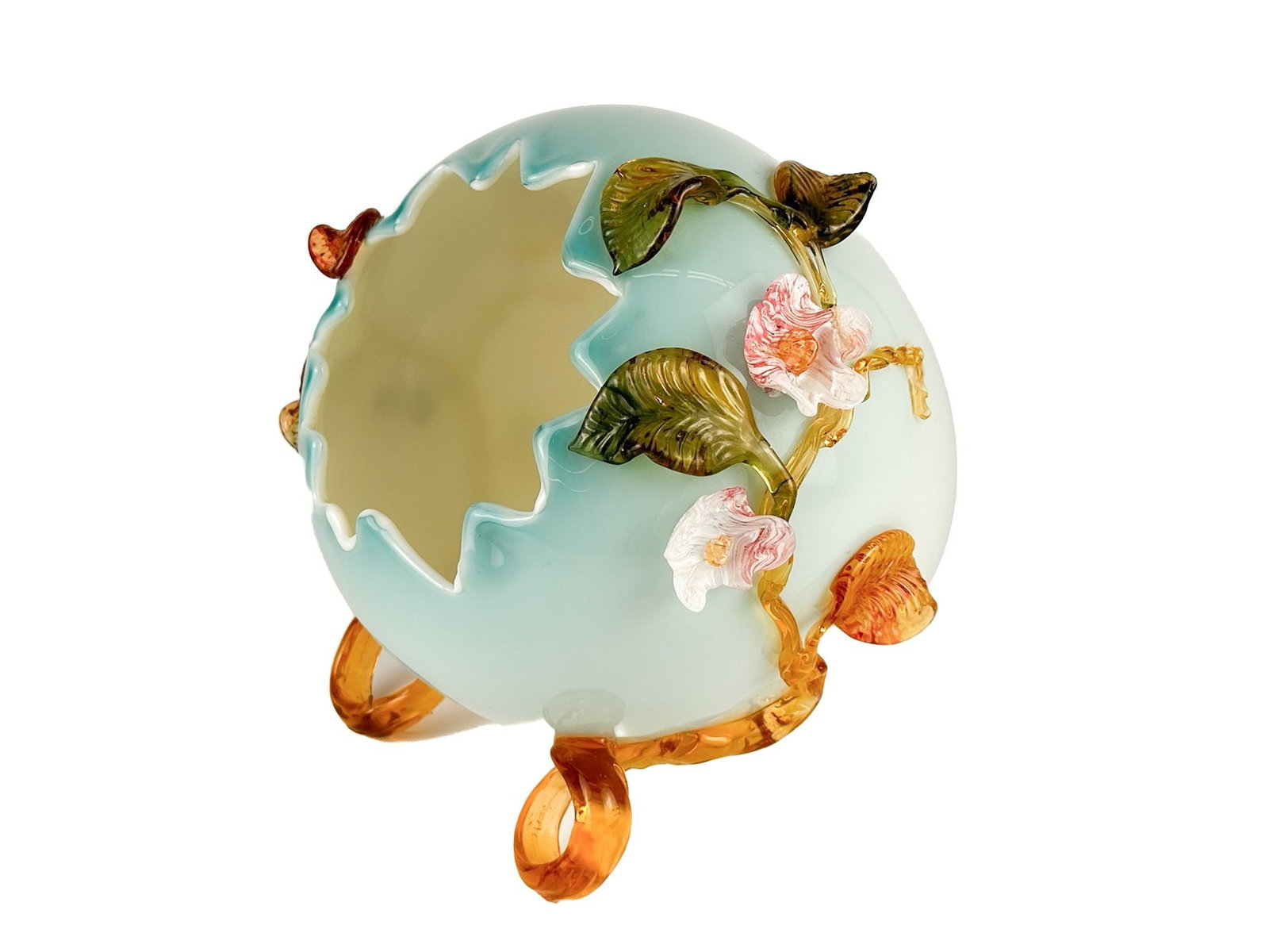 Vintage Art Glass Egg Vase with Cherry Blossom Decor: Glass sculpture features a hollowed light blue egg with decorative cherry blossoms and cherries adorning the sides. Approximately 9.5 in H x 9.75 in W x 9.75 in D. Weighs approximately 6 lbs 3 oz. LOC