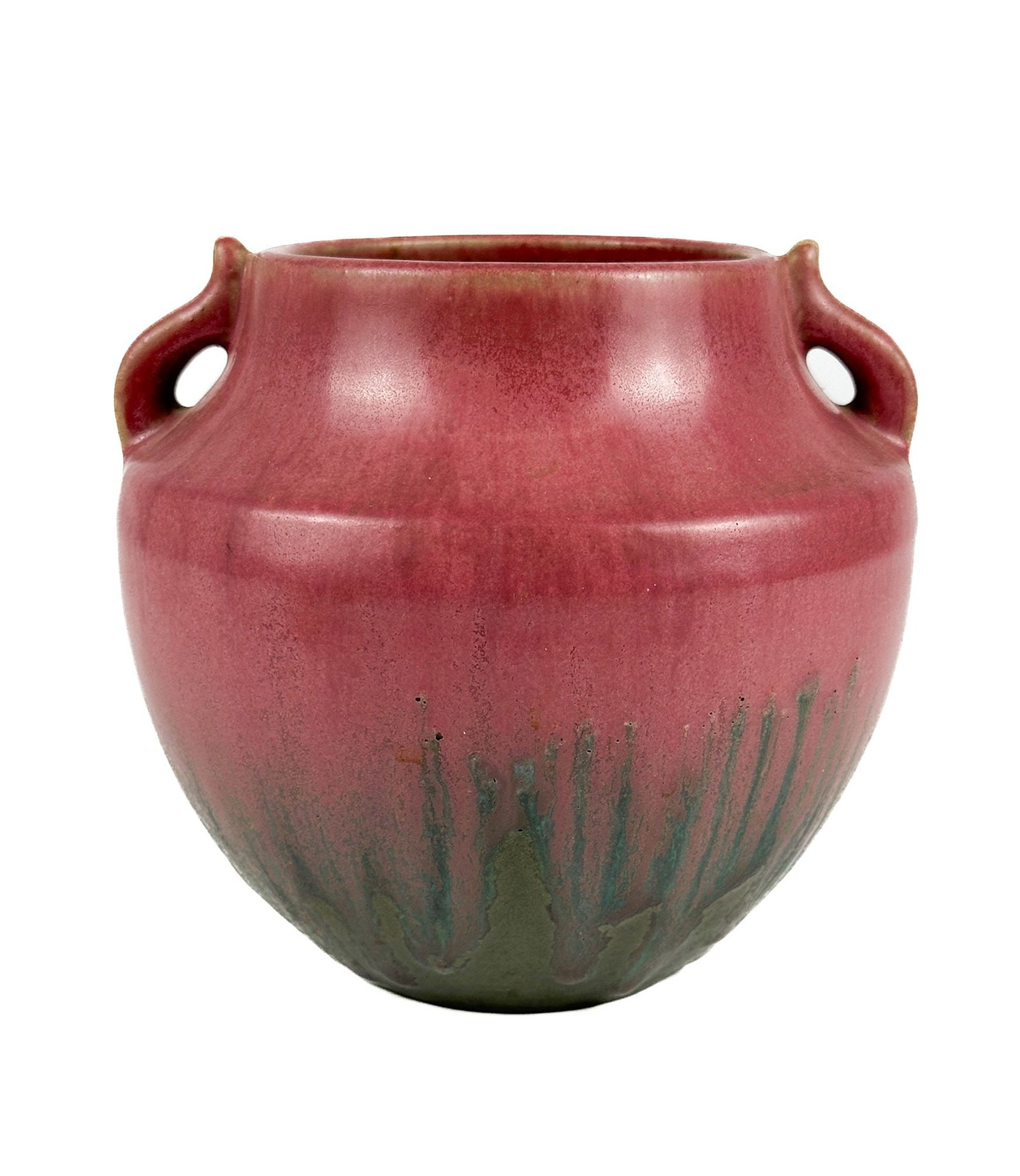 Muncie Style Pottery Vase with Rose Glaze: Ceramic vase has small handles with a rose toned glaze over a green and earthy base. Approximately 6 in H x 6.5 in W x 6.5 in D. Weighs approximately 2 lbs 11 oz. LOCAL PICK UP INFORMATION: Wednesday,
