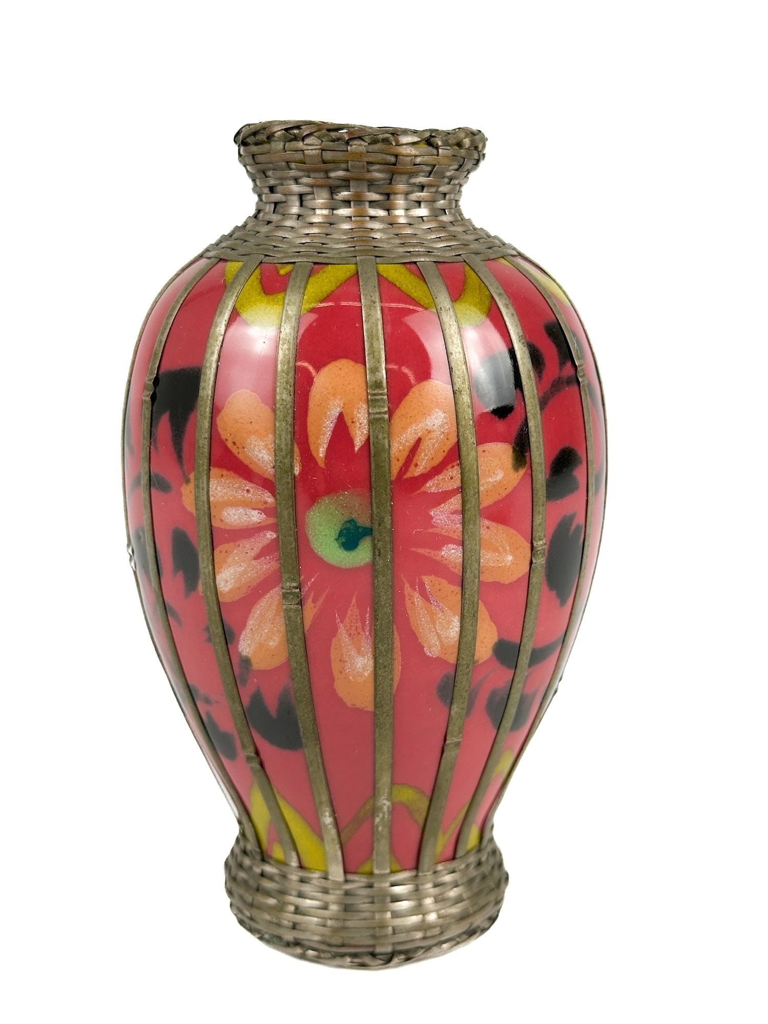 Vintage Japanese Ceramic Vase with Silver Plate Basket Weave: Vase is made of ceramic and has a silver plate basket weave. Depicts a pink glaze with floral motifs. Approximately 5 in H x 2.75 in W x 2.75 in D. Weighs approximately 1 lbs. LOCAL PICK UP INFORMATIO