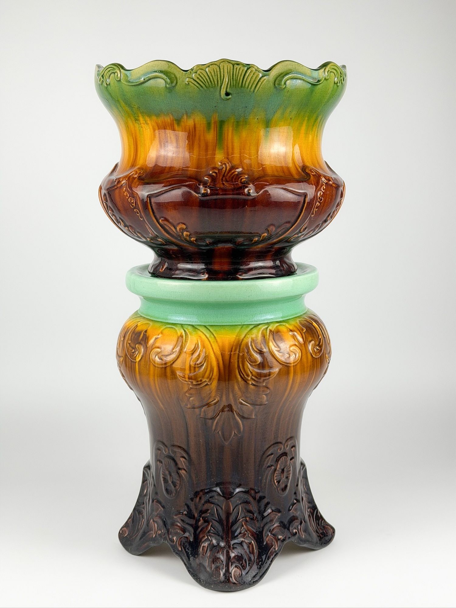 Majolica Jardiniere on Pedestal, Blended Green-Amber-Brown Drip Glaze, Two Pieces (1 of 8)
