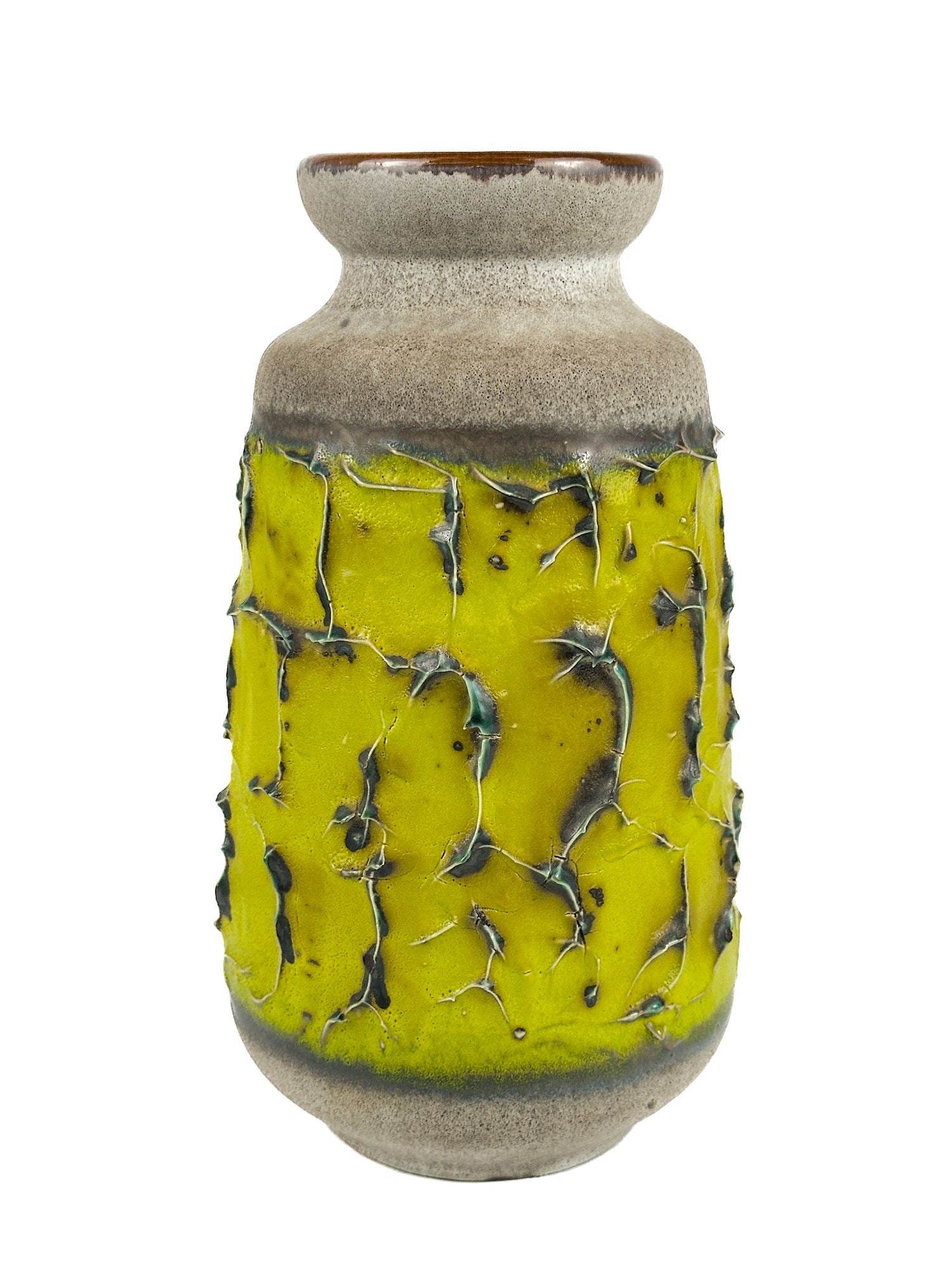 Vintage West German Ceramic Vase: Made of stoneware with a bright green glaze over a matte grey. Sharp textures. Made in West Germany. Stamp on the bottom. Approximately 10 in H x 5 in W x 5 in D. Weighs approximately 2 lbs 3 oz. LOCA