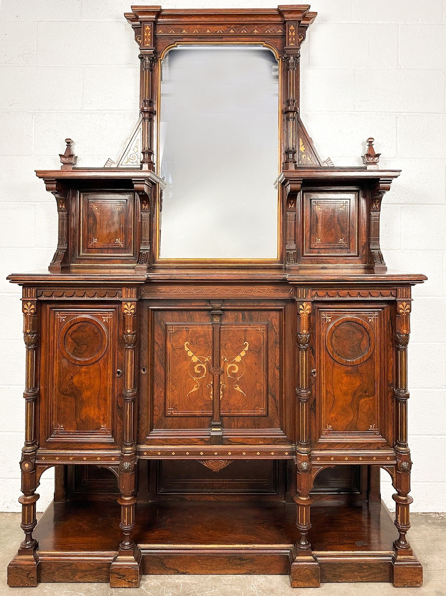 Antique French Victorian Burlwood Sideboard with Mirror and Gold Accents: Detailed carvings throughout. Gold paint accents. Column motif and finials. Burlwood. Lightwood veneer in interior. LOCAL PICK UP INFORMATION: Wednesday, July 8, 10:00 AM - 2:00 PM 8059 Foothill Blvd,