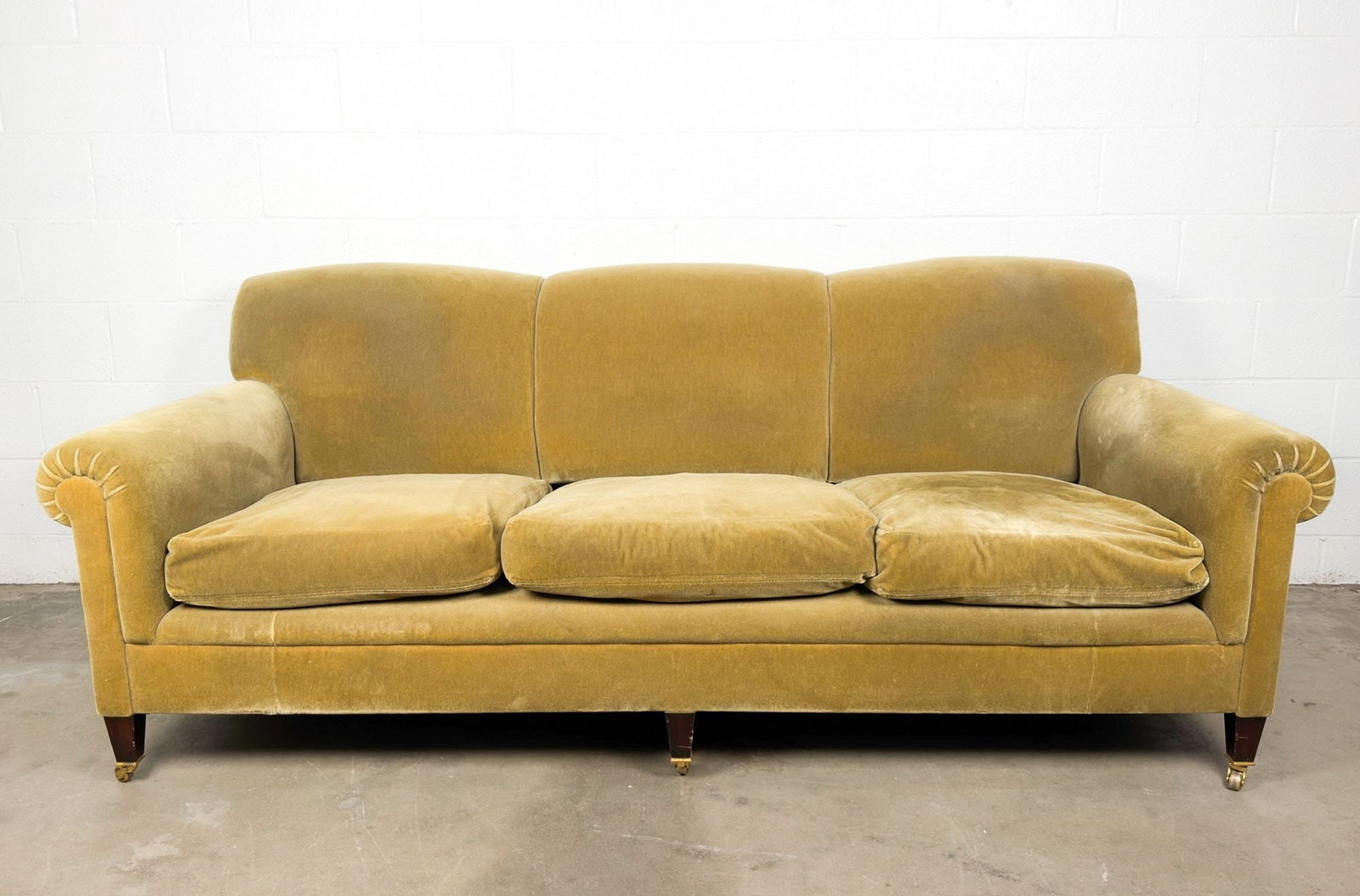 George Smith English Roll-Arm Three-Seat Sofa, Olive Mohair Velvet, Brass Casters (1 of 7)