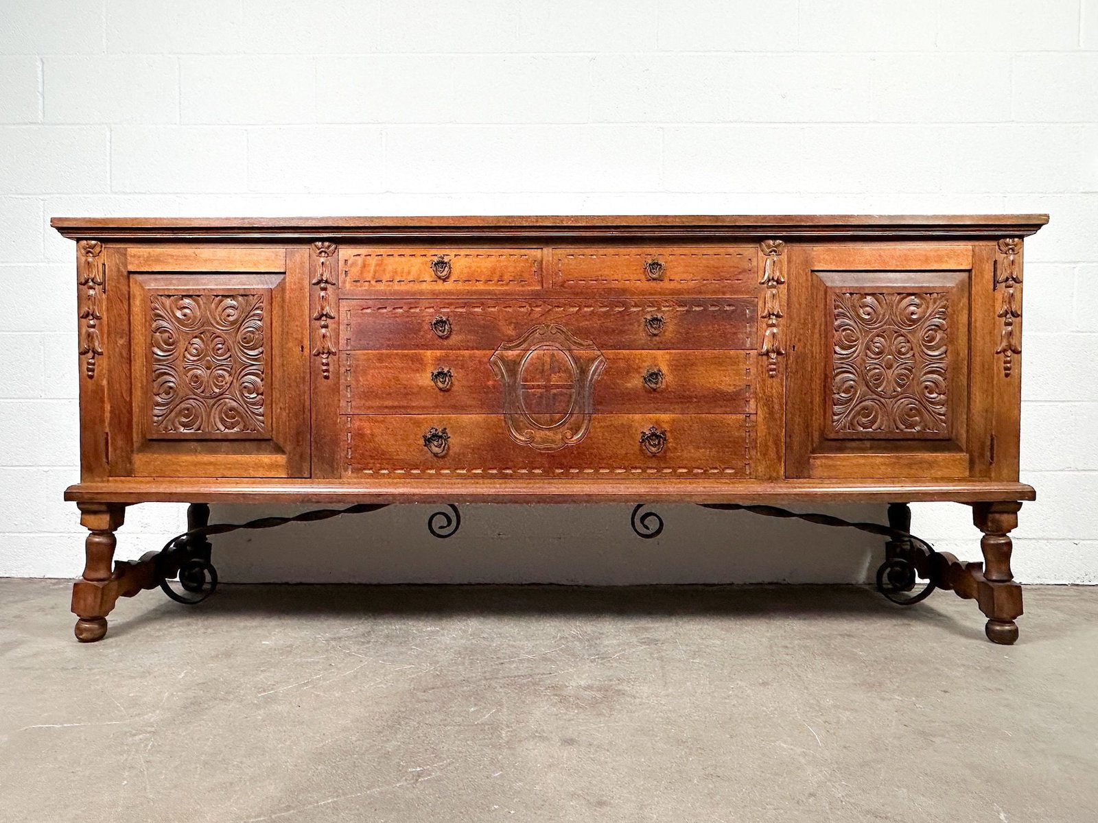 Spanish Revival Carved Sideboard with Wrought Iron Stretcher (1 of 7)