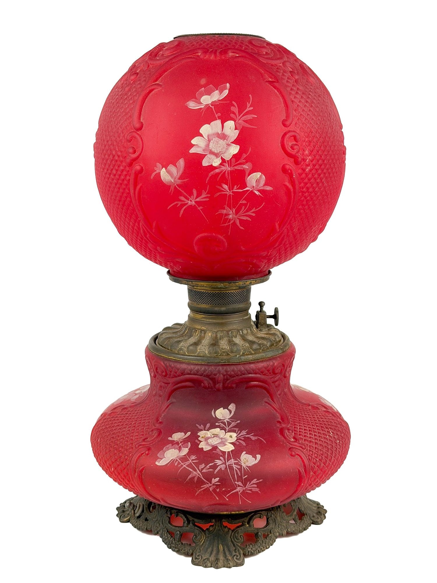 Antique Red Satin Glass Oil Kerosene Parlor Lamp with Hand-Painted Flowers (1 of 6)
