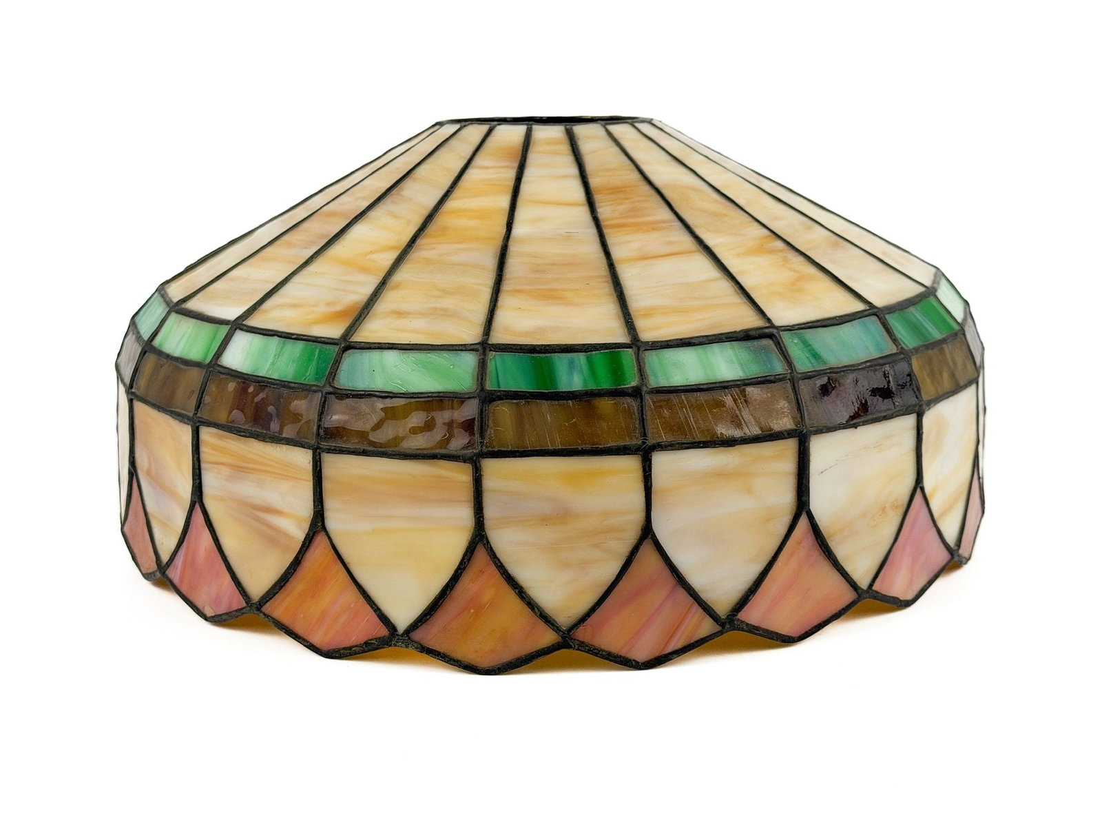 Vintage Stained Glass Lampshade: Lampshade has various panels in shades of tan, brown, green, and pink. Approximately 6.5 in H x 14 in W x 14 in D. Weighs approximately 3 lbs 14 oz. LOCAL PICK UP INFORMATION: Wednesday, July 8, 10:00