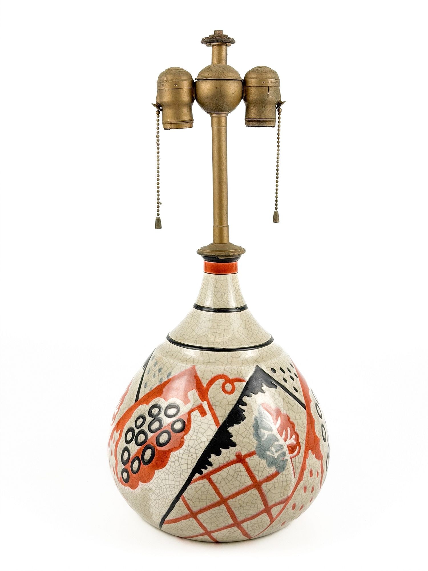 French Art Deco Longwy Primavera Pottery Lamp, Grapevine Decor, Signed: French Art Deco pottery table lamp by Longwy for Primavera (Au Printemps, Paris) with crackle-glaze ground with stylized grapevines, foliage, and geometric panels in coral-red, black, and grey. Signed