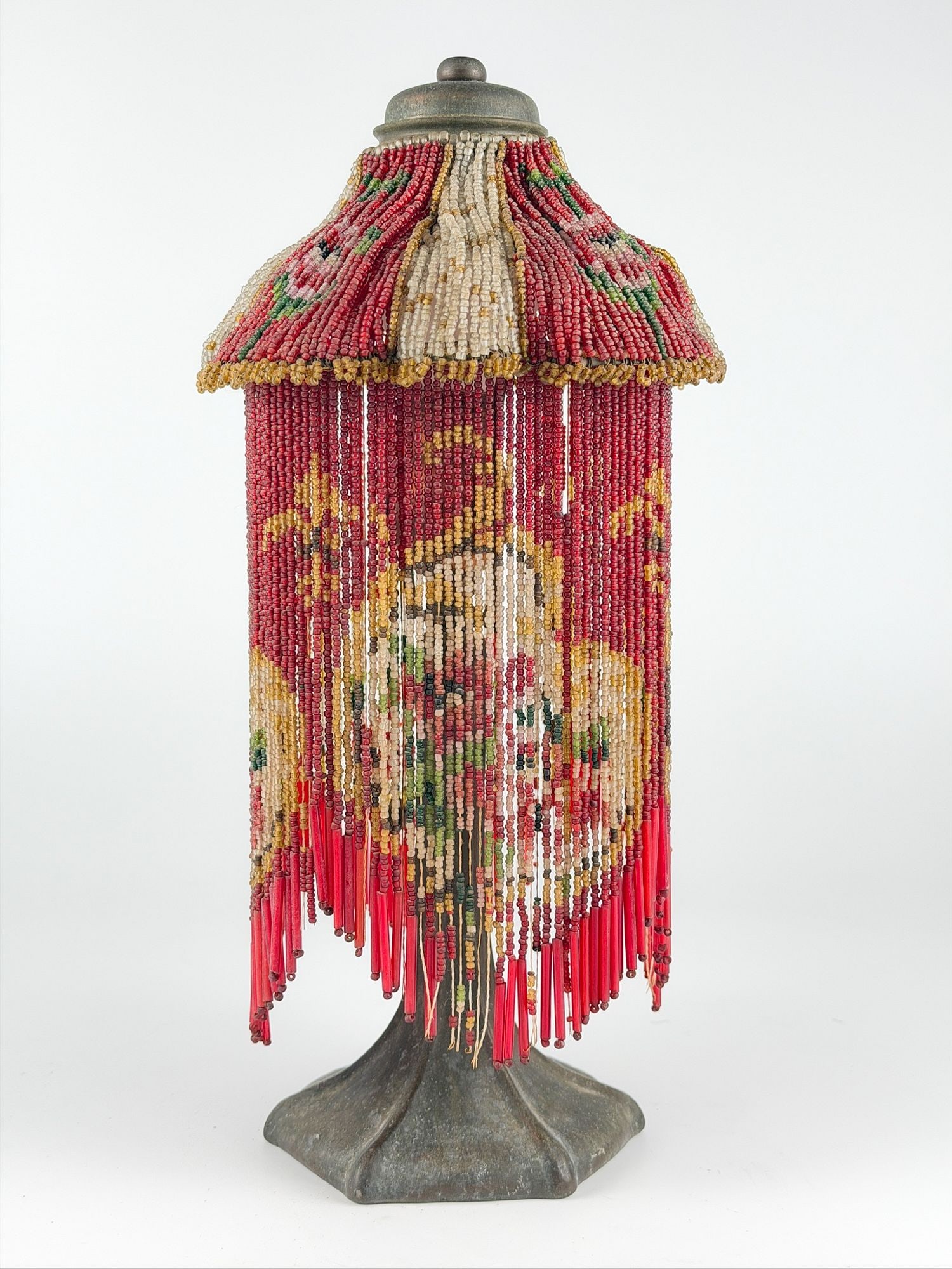 Antique Beaded Glass Boudoir Lamp with Bead-Fringe Shade on Cast Metal Base (1 of 4)