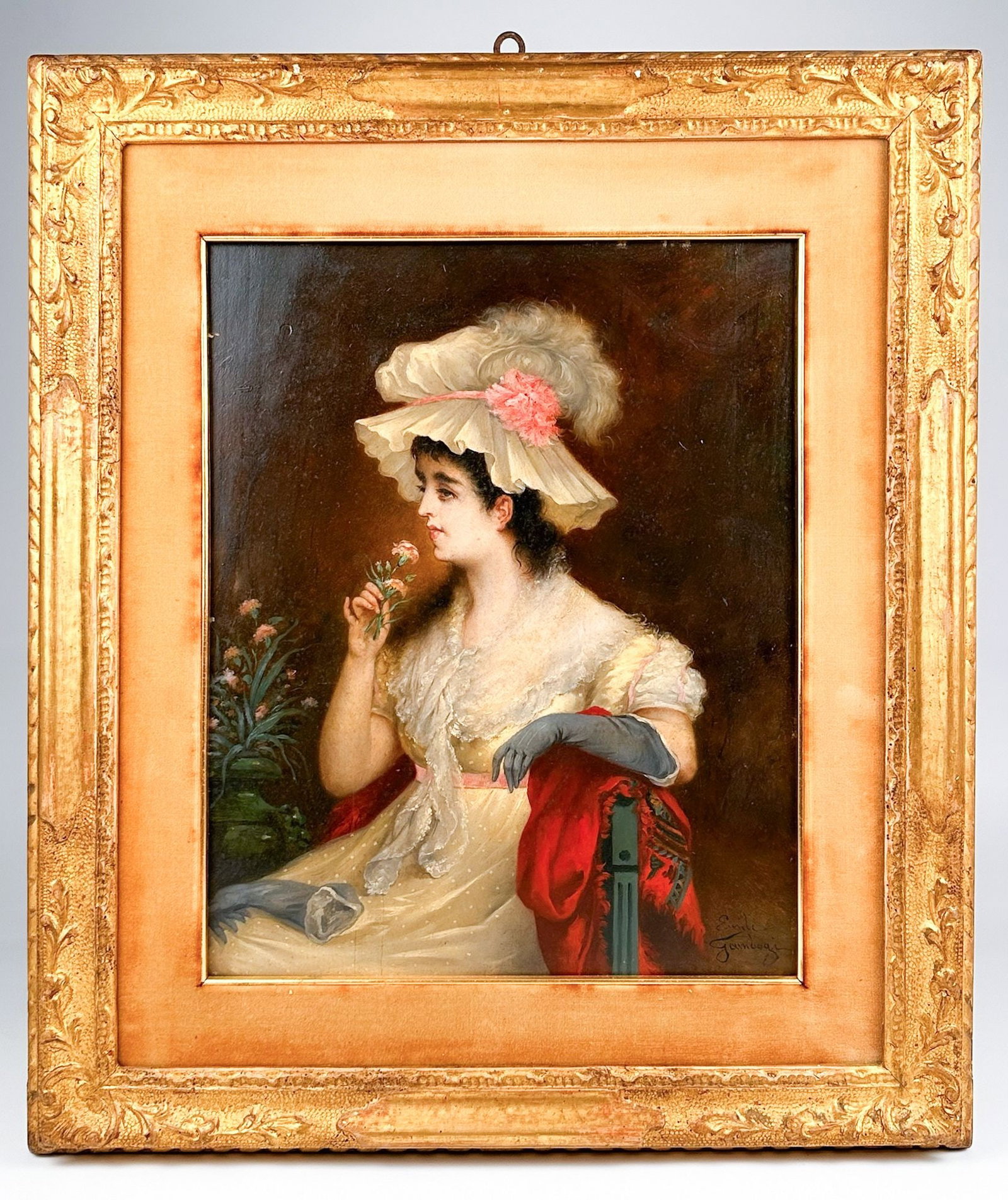 Emile Gambogi (1819-1895) Oil on Wood Panel, 19th Century Portrait of a Woman: Signed in the lower right corner. Depicts a portrait of a seated woman wearing one glove and holding flowers in the other. Antique gold frame. Visible image is approximately 17.25 in H x 13.75 in W. F