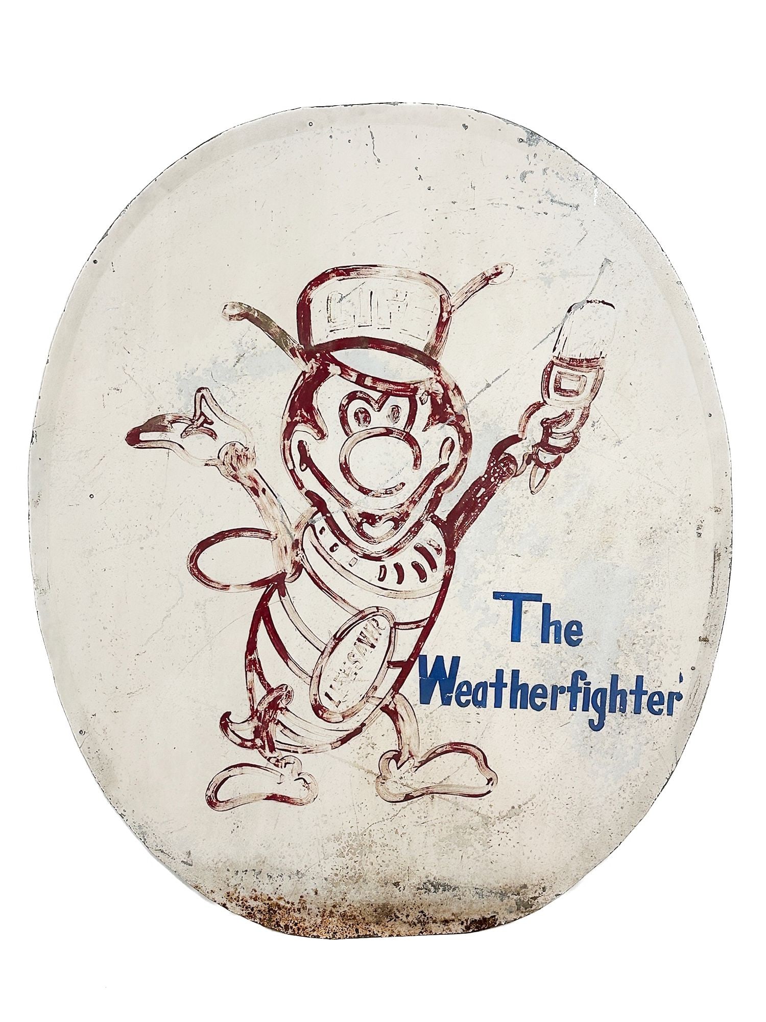Vintage Lifesaver The Weatherfighter Hand-Painted Metal Sign Advertisement: Depicts bee mascot on round sheet metal. Dimensions: Sign is approx. 48.5 in H x 41.5 in W. Weighs 16 lbs 10 oz. LOCAL PICK UP INFORMATION: Wednesday, July 8, 10:00 AM - 2:00 PM 8059 Foothill Blvd, Su
