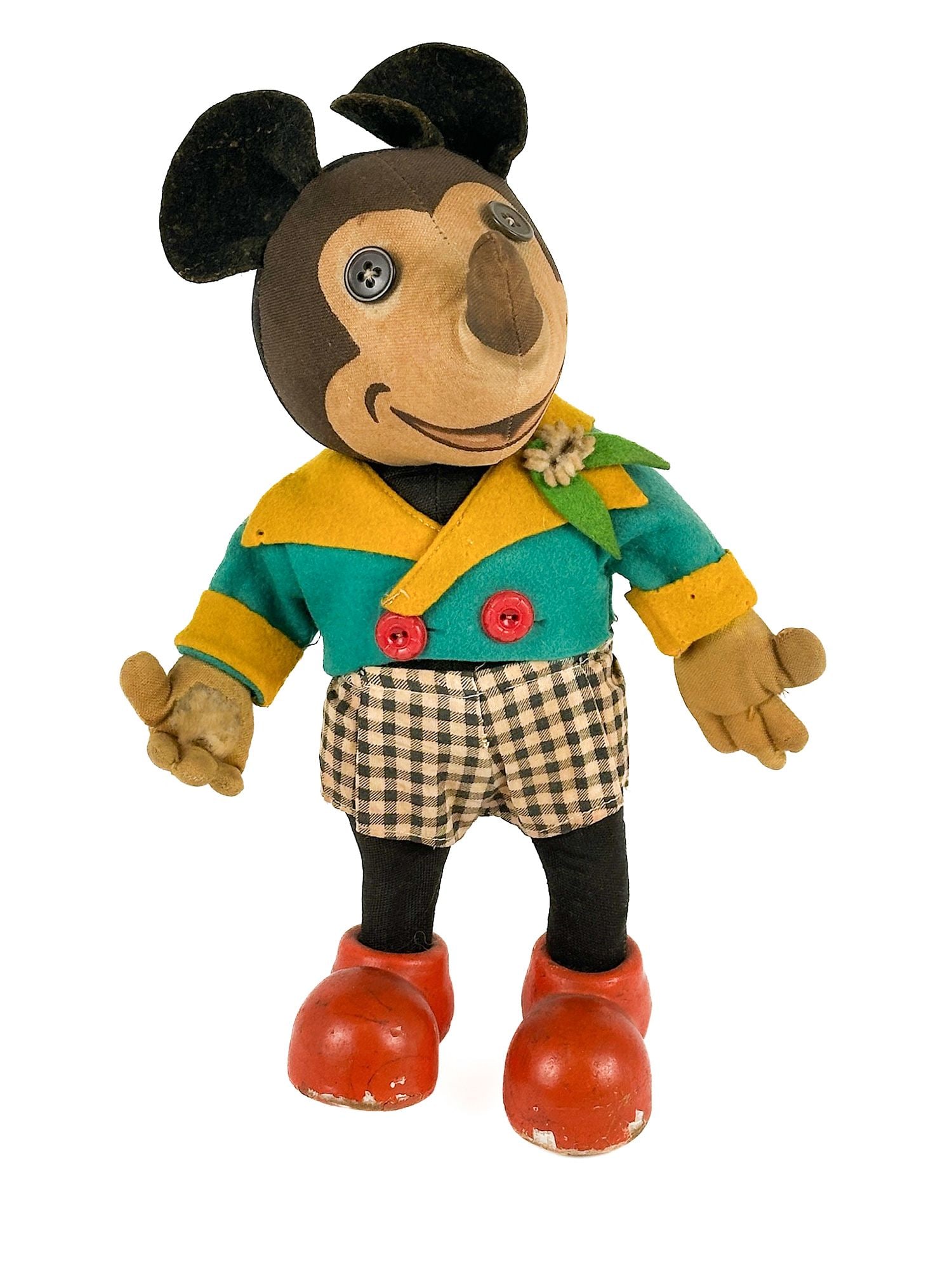 Knickerbocker Toy Co. Disney Mickey Mouse Cloth Doll 1935: Felt jacket with appliqué flower. Button eyes and hand-painted mouth. Dimensions: Doll is approx. 12.5 in H x 8 in W x 4.25 in D. Weighs 1 lb. LOCAL PICK UP INFORMATION: Wednesday, July 8, 10:0