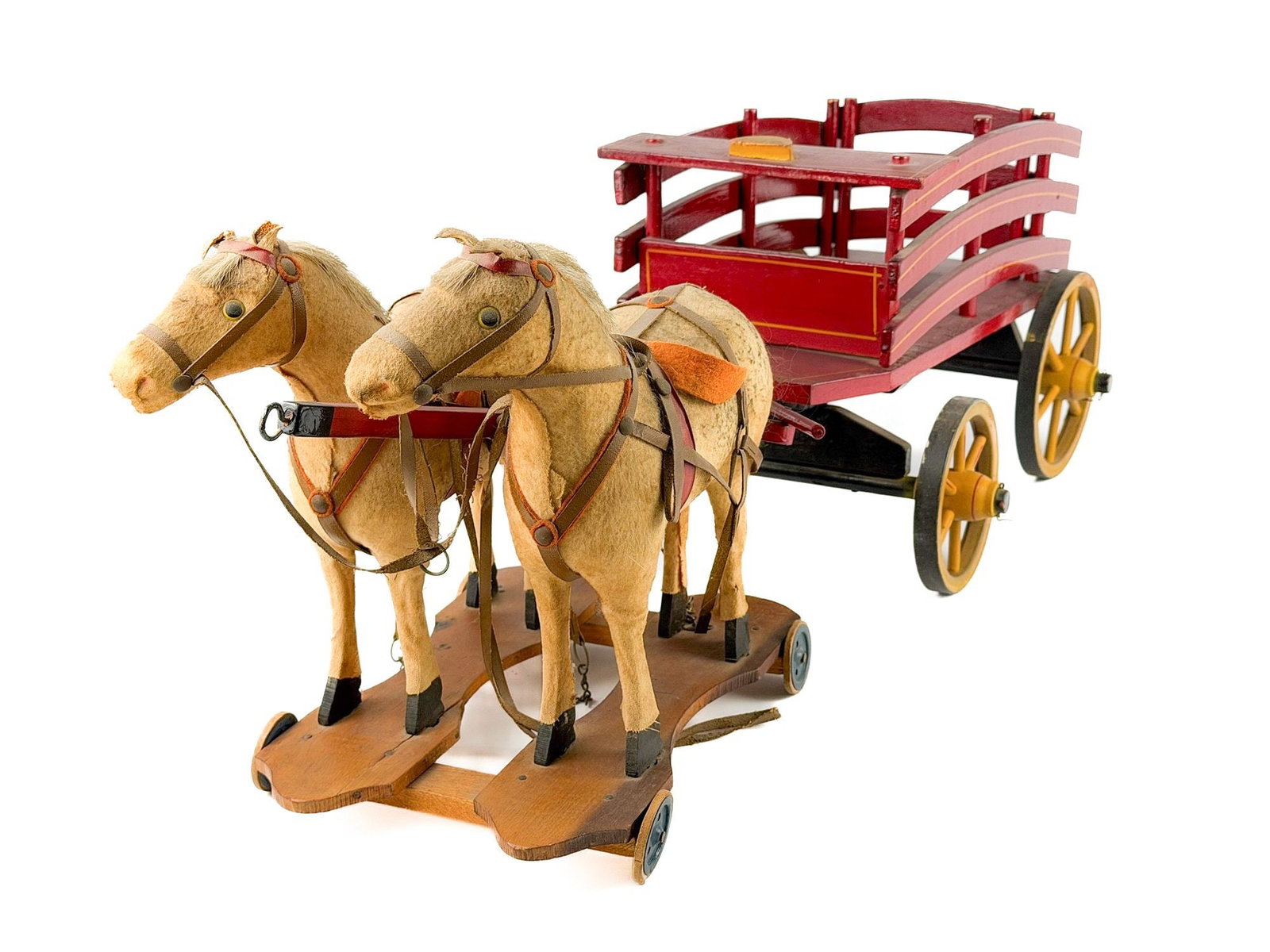 Antique Two-Horse Pull Toy with Red Stake-Side Farm Wagon: Wood construction, hand painted details, horses made with felt and fur. Possibly German, with wear and minor losses commensurate with age. Approx dimensions: 10 in H x 27 in W x 9 in D. Weight: 5
