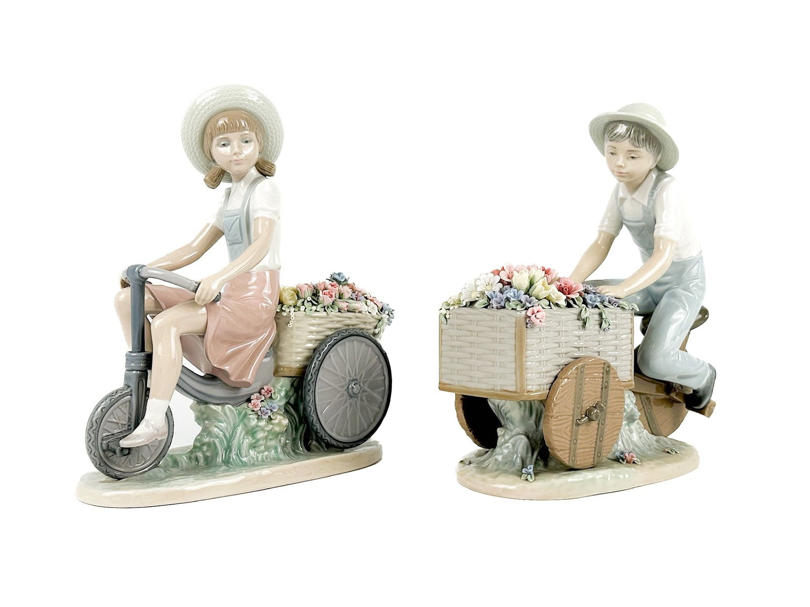 Two Lladro Porcelain Figurines, Children on Flower-Laden Cycles: Retired. Entitled "Girl with Flowers in Tow" and designed by Francisco Catalá, features a young girl pedaling a bicycle with a basket full of vibrant flowers. The other figurine is "Boy with Fl