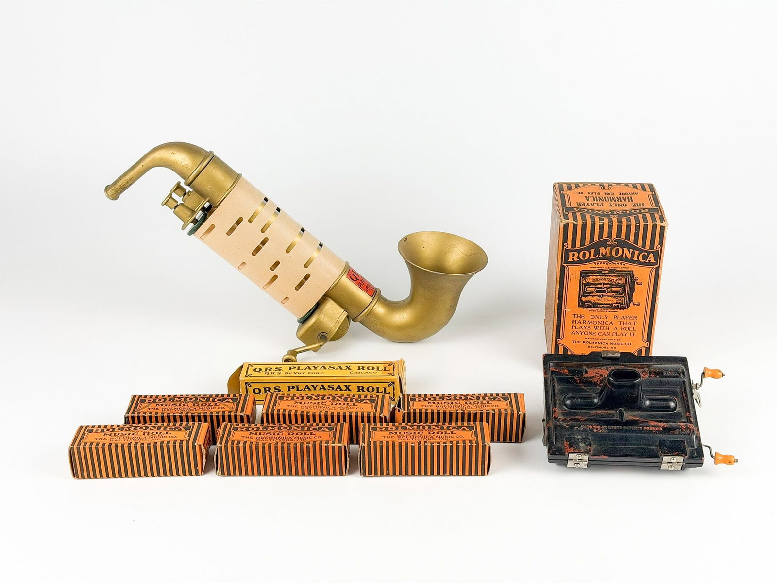 1920s Roll-Operated Player Harmonicas, QRS Playasax & Rolmonica, with Rolls and Box (1 of 9)