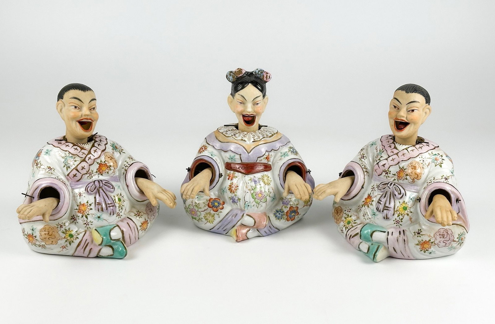 Lot of Three Vintage Ardalt Japanese Porcelain Nodder Figurines: These three figurines are made of ceramic with wire hinges for the movement of the head, arms, and tongue. Painted traditional motifs. Each one is approximately 6.25 in H x 6 in W x 5 in D. Total weig
