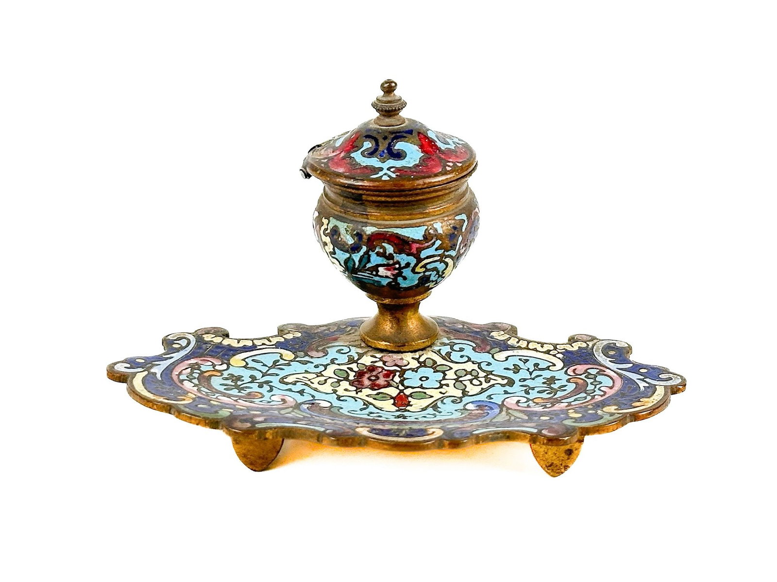 Antique French Champleve Enameled Bronze Inkwell (1 of 6)