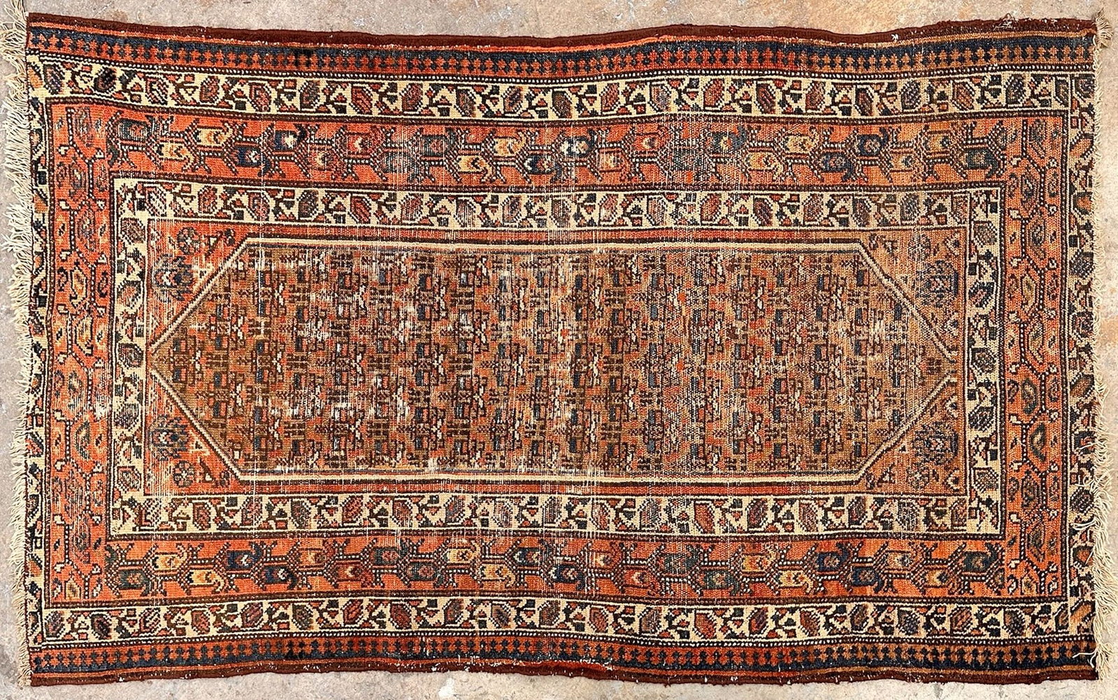 Antique Persian Malayer Hand-knotted Wool Rug, Circa 1900, 3'02" x 5'05": This antique Persian Malayer rug, hand-knotted from wool, dates to circa 1900. The rug features a central geometric medallion surrounded by intricate borders with traditional motifs. Measures approxim